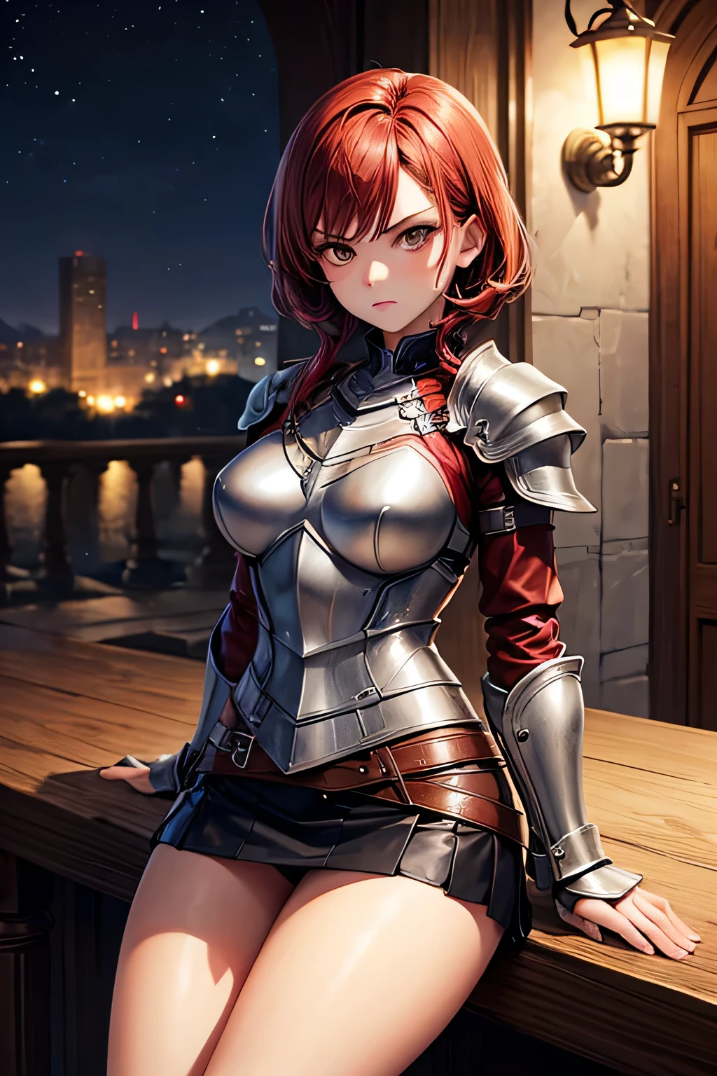 Red-haired warrior, armor, ((steel breastplate)), steel boots, medieval costume, D&d, RPG, sitting, legs open, ((red skirt)), showing panties, panties appearing, white panties, tight panties, tiny panties, upksirt, cameltoe, pantyshot, RAW, masterpiece, 8k, ultra realistic, ultra detailed,