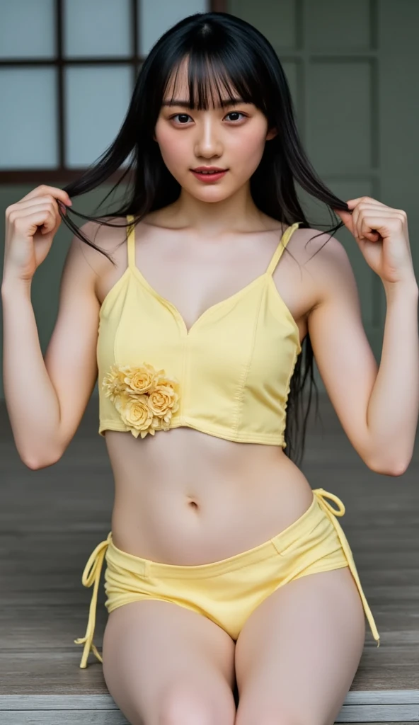 TeeTee1,1girl, (asian model), 18 years old,soft body, black hair, braids,whole body, hair reaches waist, whole body,((head to leg)),black bracelets,yellow bra,yellow pleated skirt, white tall boots,large earrings,close-up, 8k, RAW photo, best quality, masterpiece,realistic, photo-realistic,seductive,cute,yellow background, erotic pose, kneeling , open leg