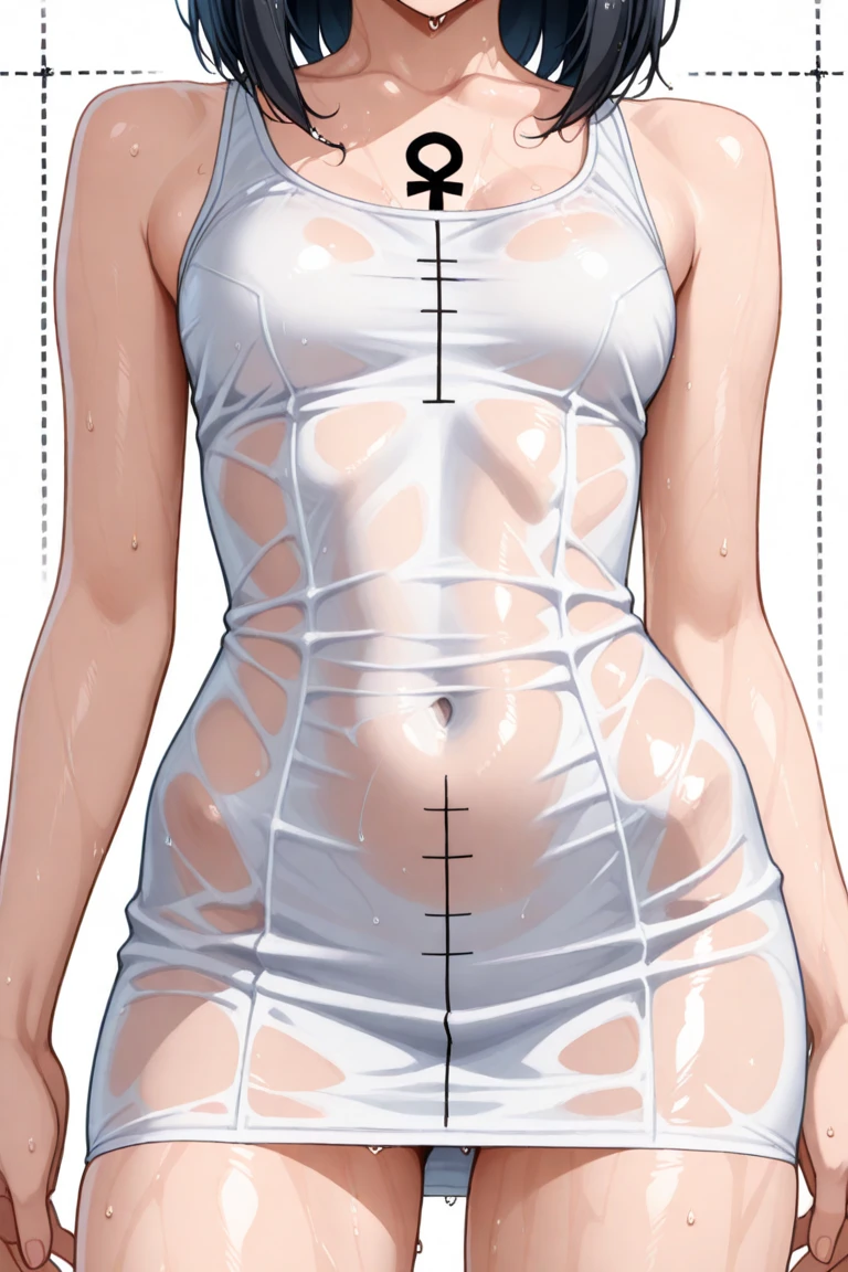 ((Best Quality)), ((Masterpiece)), ((Realistic)) 21 year old, girl, wixie haircut, ((red one piece white swimsuit)) (((detailed character sheet, frontal view, side view, three quarter view))) 7 heads full body, sexy, hot ((( white background ))) nijistyle