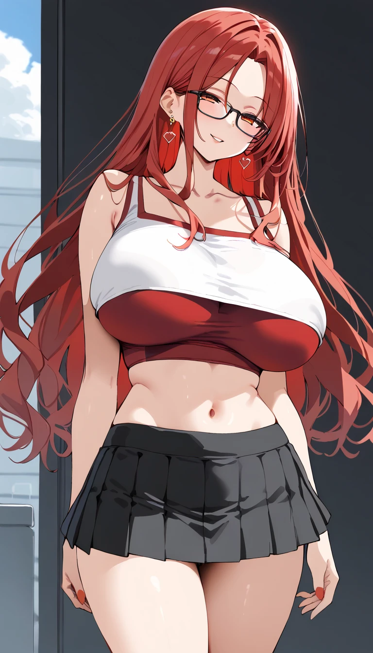 woman,Red hair,Twin tails,Angry face,blush,Big Breasts,Thick thighs,Black Tube Tops(Strapless),Denim shorts,Cleavage,Sweaty,Gravure idol pose