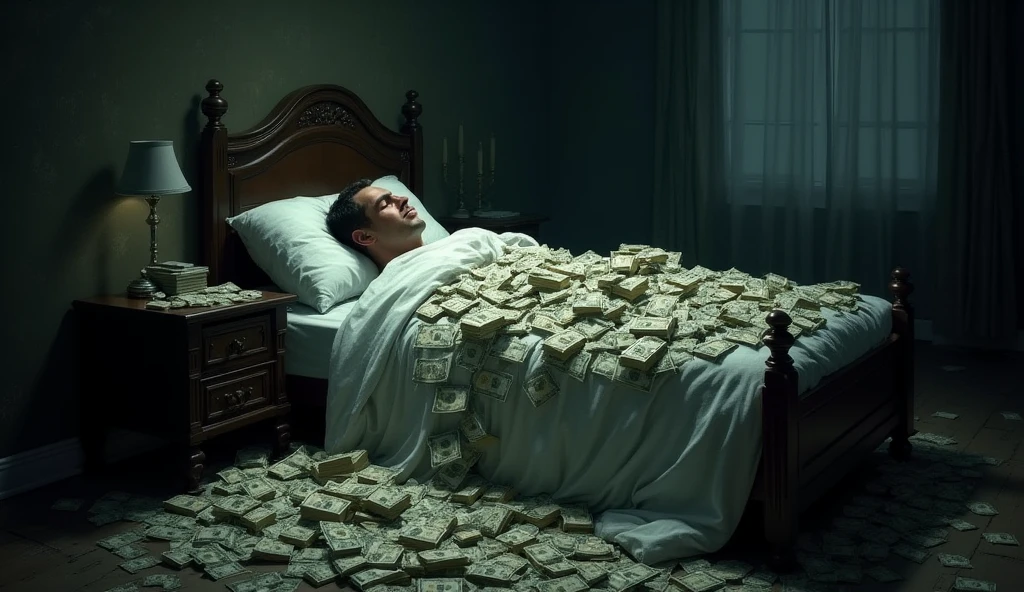 Human sleeping on bed with lots of money 