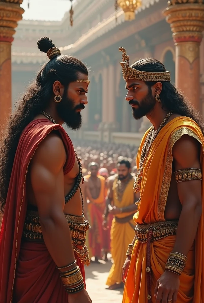 Ravana’s Realization

Setting:
The battlefield, now littered with weapons and fallen warriors. Ravana, bleeding and weary, stands weakened before Rama, his arrogance fading.

Action:
Rama aims a powerful arrow at Ravana’s heart. The sky clears as if acknowledging the impending fate of the proud king.

Dialogue:
Ravana (gasping, in disbelief): “How… How can this be? I am invincible!”

Rama (with compassion): “Your pride was your true enemy, Ravana. It led you to this moment.”

Action:
Rama releases the arrow, which pierces Ravana’s heart. Ravana falls to his knees, his eyes wide with the realization of his arrogance and its consequences.