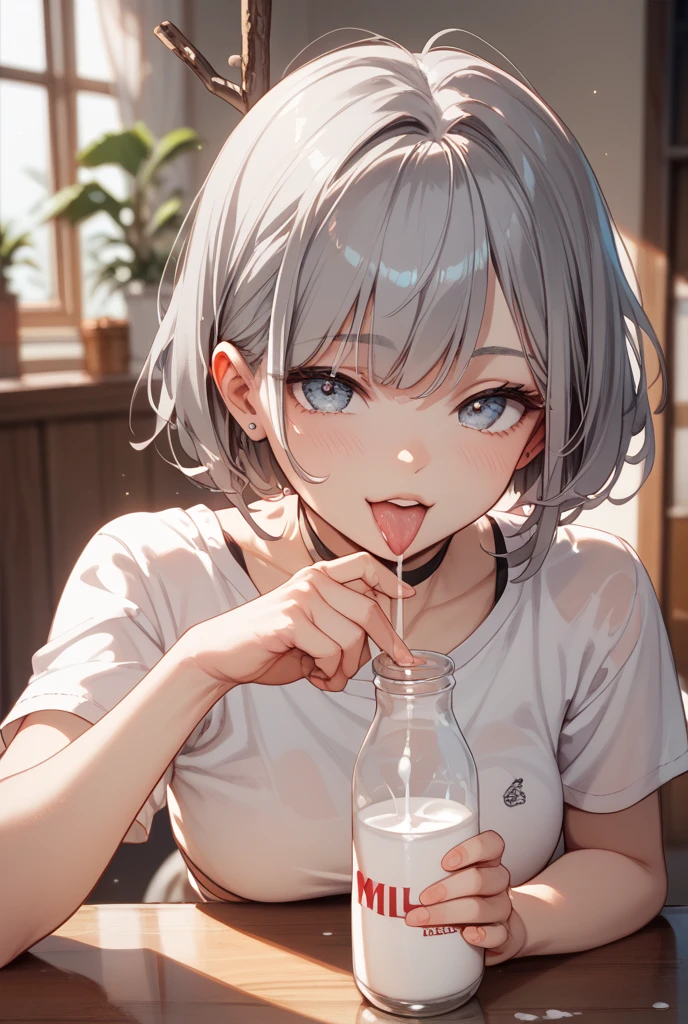 Boyish girl with short hair、Drinking bottled water、Dry throat、white t-shirts