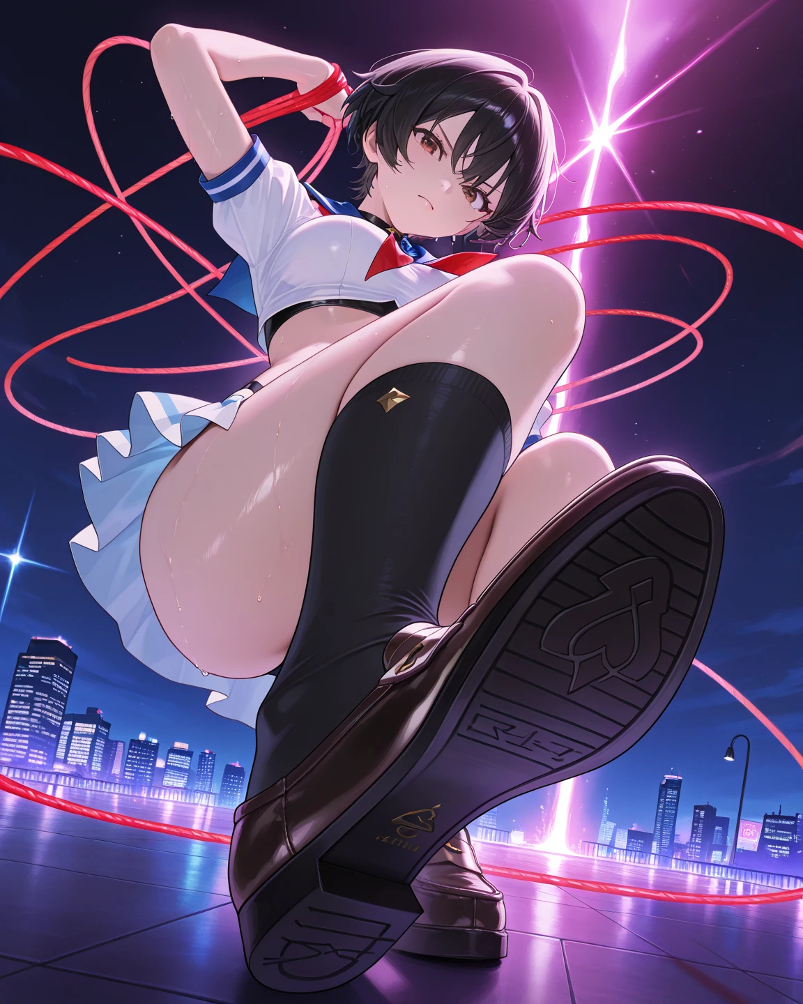 (masterpiece, Highest quality: 1.2), alone, 1 Girl,10 years old, Sailor Saturn: 1.5, Magical girl, Hotaru Tsuchimo: 1.5, smile, View your viewers, Close your mouth, tiara, Sailor Warrior Uniforms, collar, Pleated skirt, Elbow hand pockets: 1.3, jewelry, brooch, choker, front, smile, (Knee-high boots, High heels),Sparkling Skin,(Skirt flip:1.5), Big sticking out: 1.5, lift: 1.5, Very short skirt: 1.5, Showing panties: 1.5, (The city of Shibuya at night: 1.5), (The city of Shibuya at night: 1.5), Please put your hands on your hips: 1.0, (Huge breasts, big , Narrow waist), cute: 1.5, Big kick: 1.4, (sexy pink lace string panties),Small face,(Dirty body),Grabbing the skirt with your hands,Long legs,, Bondage,Shine,,Camel Toe,Browsing Caution,(Spread your legs:1.3),