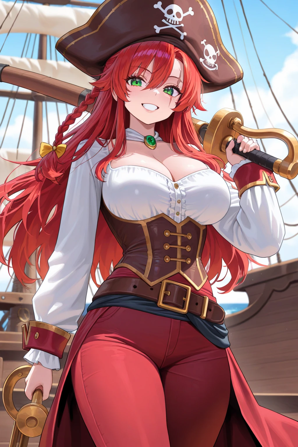 ((single person)), (Masterpiece, best quality), Tall girl, Pirate, Pirate hat, red hair, green pupils, sharp eyes, Detailed face, Smooth long hairs, Glossy hair, medieval pirate outfit, heel shoes, long sleeve clothing, gold in cloths, full pants, stand pose, ((full body)), Cleavage, big breasts, navel exposure