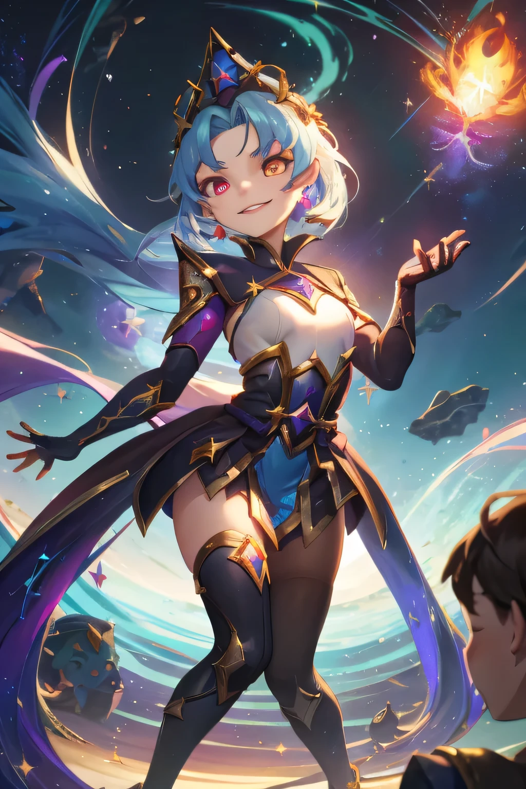 Elyra , The Sovereign of the Threshold, is ancient multiverse entity with the appearance of a young princess Cosmic with golden eyes and blue hair with gold sparkles, that floats between realities as the guardian of an inevitable destiny. Although she is usually laughing and ethereal, inside she carries an unfathomable sadness, the result of countless cycles where she has had to face heroes who try to change what is written. Armed with a crimson spear and a crooked crown that was once a symbol of her greatness, Elyra lucha no por odio, but out of duty, being at the same time a harbinger of the end... and a spark of possible rebirth.