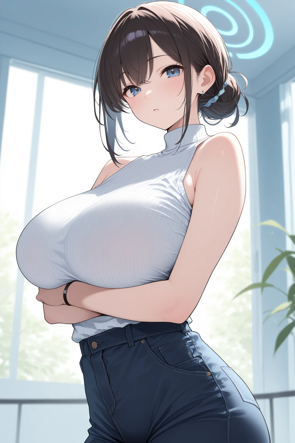 (Best quality at best,Unbeatable masterpiece:1.4),Ultra-detailed CG 4K,Gilet blanc,White slit shorts,Huge cleavage,Nipple presentation,AS-Adult,hair covering one eye,smooth thigh,standing with legs apart,Nipple presentation,navel,Lower breast,Breasts enlarged,Lift one thigh