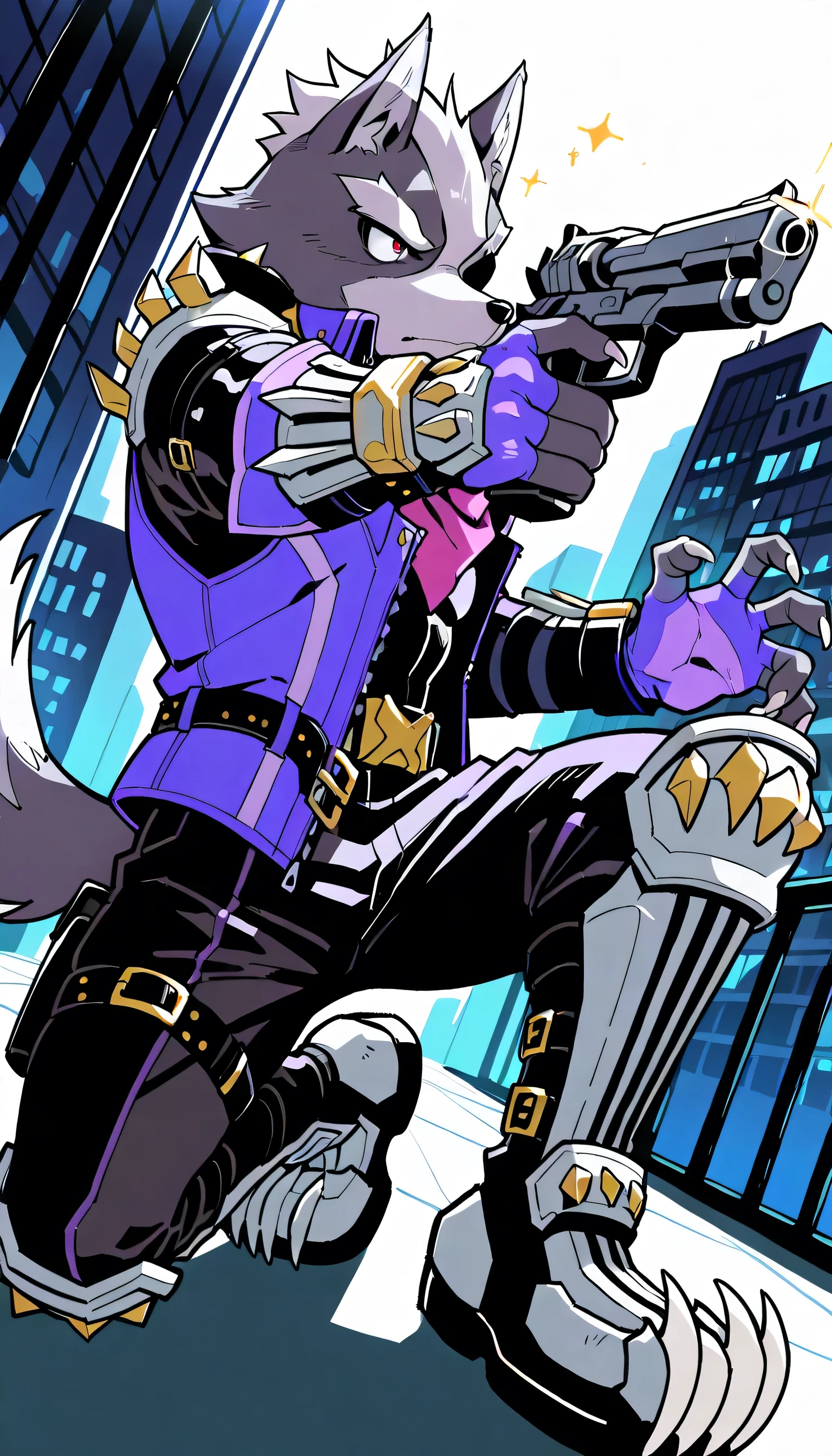 score_9, score_8_up, score_7_up, score_6_up, score_5_up, score_4_up, source_furry, hi res, inside city, sparkles, side angle, solo, kneeling position with only one leg kneeled, gun shooting pose, holding gun, Wolf O'Donnell, Red Eye, Right Eyepatch, Pink Kerchief, Purple Sleeveless Jacket, Black Bodysuit, Purple Fingerless Gloves, Metal Boots, Gold Buckle, looking away, anthro, male, muscular, arms sway, white claws