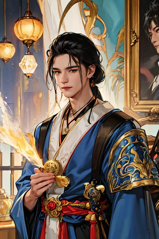 (best quality, masterpiece), (super detailed color, surreal), 35 years old Chinese male astrologer Dr. Luo Fei, zodiac totem second house, Taurus Star Palace Observatory, professor of Chinese history and philosophy, male bright blue Chromatic cloak, big bump, stubble, short hair, hairy thighs, HDR, theatrical lighting, art station trends, CG news trends, pro photography.