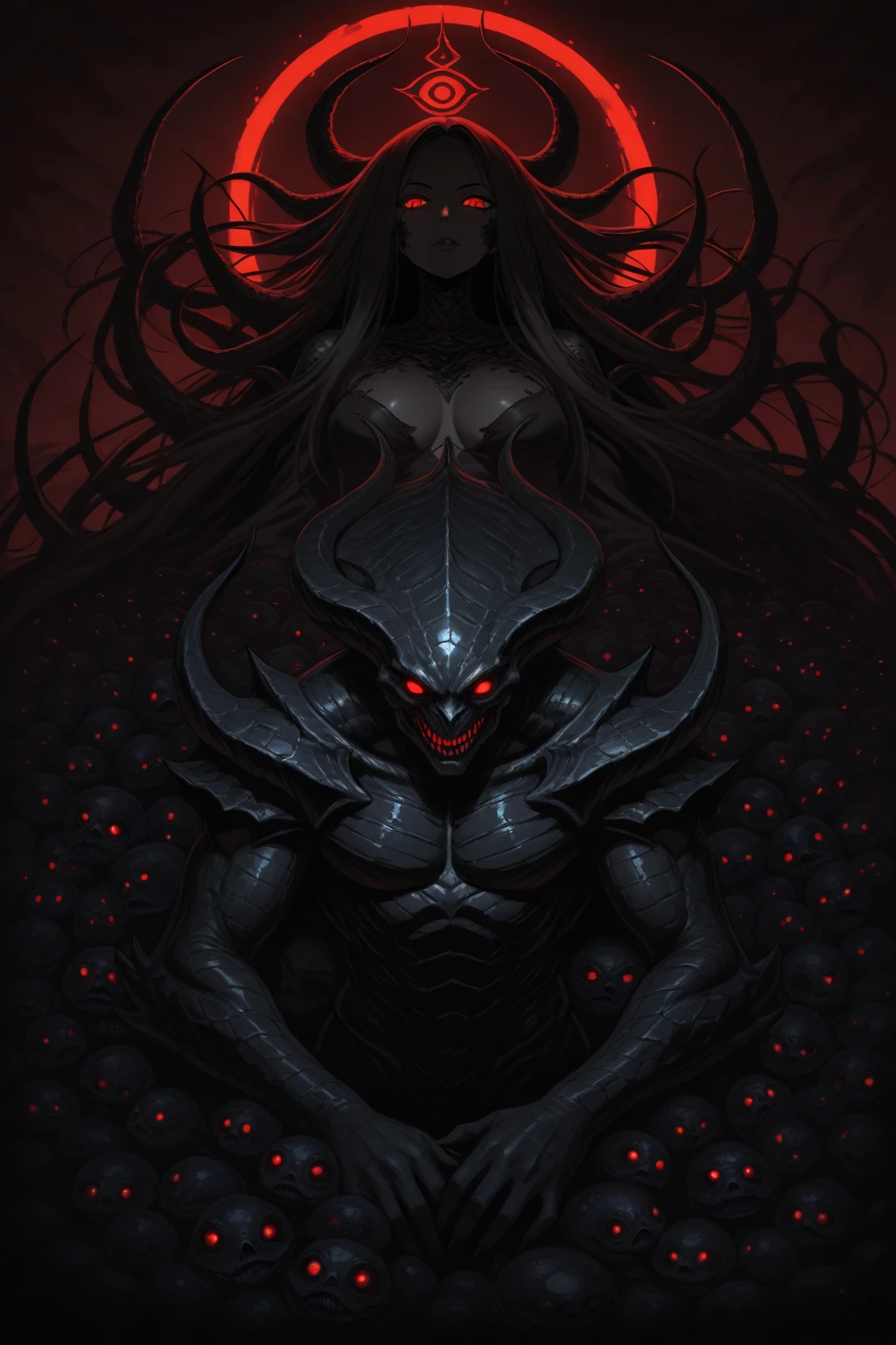 (masterpiece, best quality, high quality, highres, ultra-detailed), <lora:OilAbstractDarkFantasy:0.8>, white, sun, dark, monster, upper body, red eyes, oil, magazine scan,
