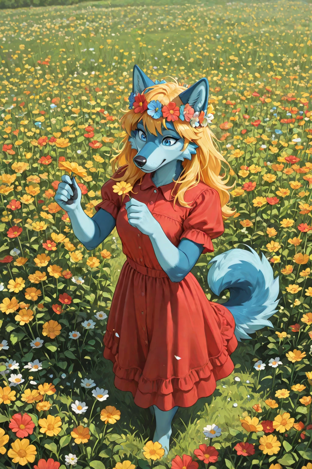 (best quality, masterpiece:1), furry female anthro audie wolf girl, solo, standing, flower dress, dancing, wolf tail, medium breasts, smile, open mouth, looking at viewer, (tall grass meadow background:1.0), blue sky