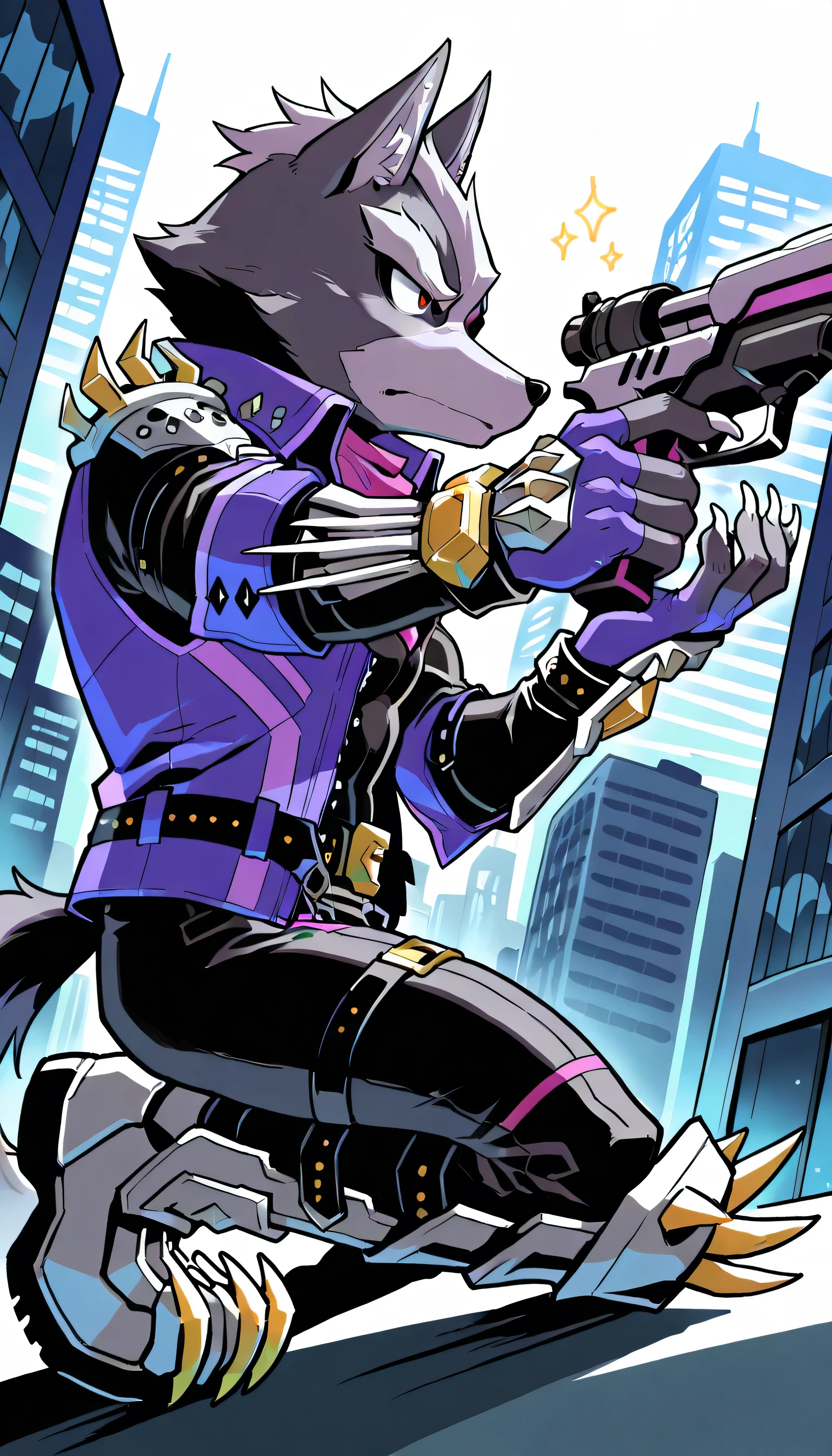 score_9, score_8_up, score_7_up, score_6_up, score_5_up, score_4_up, source_furry, hi res, inside city, sparkles, side angle, solo, kneeling position with only one leg kneeled, gun shooting pose, holding gun, Wolf O'Donnell, Red Eye, Right Eyepatch, Pink Kerchief, Purple Sleeveless Jacket, Black Bodysuit, Purple Fingerless Gloves, Metal Boots, Gold Buckle, looking away, anthro, male, muscular, arms sway, white claws