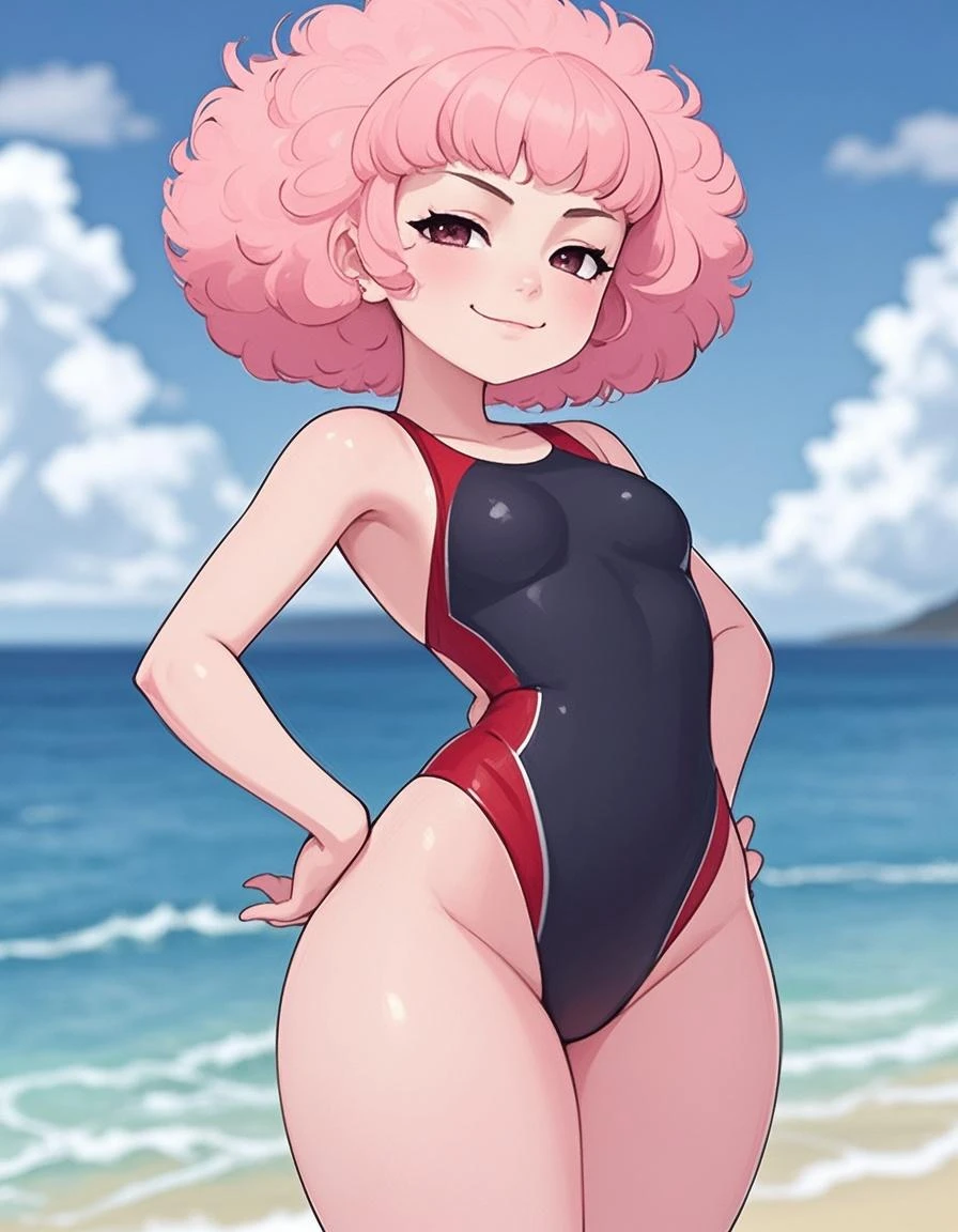 (masterpiece, best quality:1.2), cowboy shot, (solo), (1girl):1.5, glasses, long fluffy pink hair, hair blowing, gorgeous body, wide hips, slight smile, ((very sexy and transparent (blue leotard)) with exposed navel), musculous belly, gorgeous huge breasts, ((pink breasts niples) under very transparent blue leotard), (cameltoe), in front a waterfall in a windy beach, view form sea to beach.