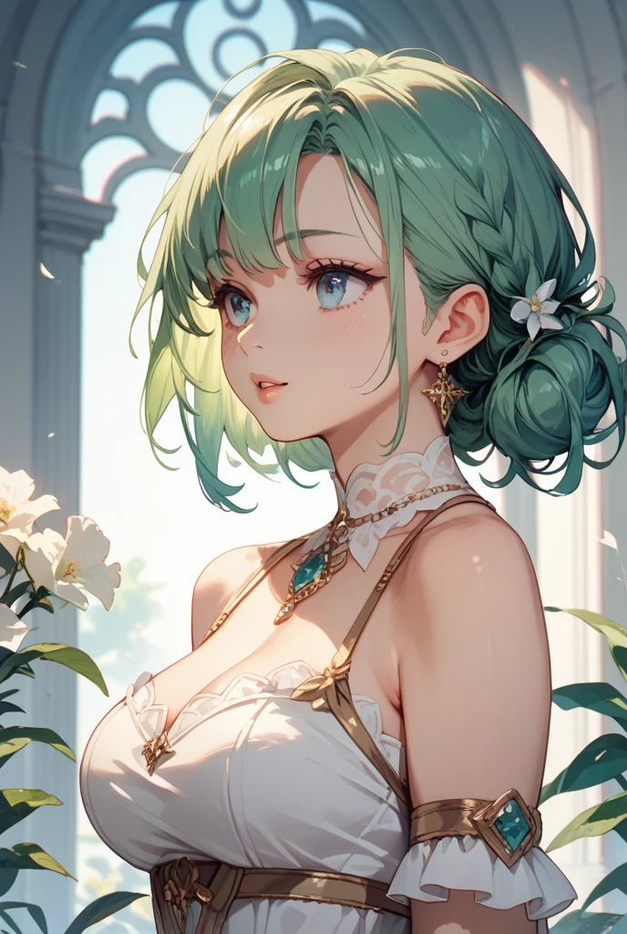 ((short hair, green hair)), beautiful, beautiful woman, perfect body, perfect breasts, (Wearing an intricately embroidered silk wedding dress:1.6), ball gown, wood々In the garden of, wedding decorations, looking at the audience, slight smile, realism, masterpiece, rough skin , Super detailed, high detail, high quality, 最high quality, 1080p, 16k