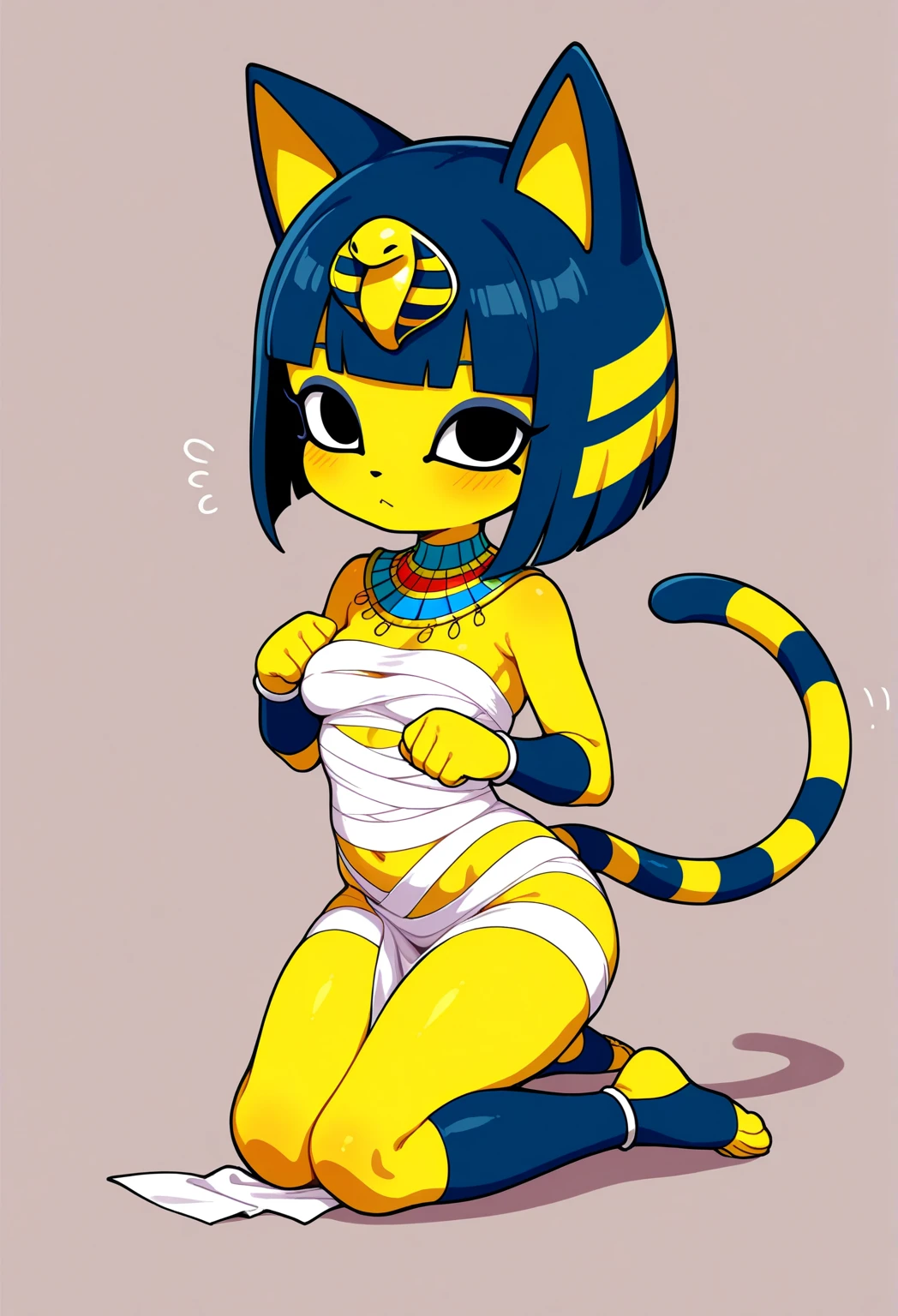 score_9, score_8_up, score_7_up, score_6_up, score_5_up, score_4_up, ankha, (front view), (2D anime style), anthro furry, yellow fur, blue eyes, short blue hair, cat ears, small breasts, strapless, (cute white shirt dress), (bare feet), (cute white panties), panties showing, sexy curves, big head, thick thighs, (solo), standing, seductive pose, looking at viewer, lifting dress, blushing, seductive stare, (egyptian temple background), at night, moonrays