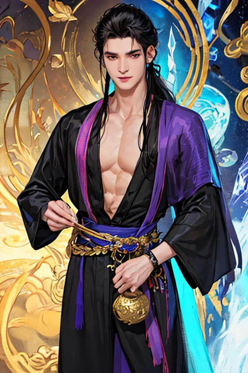 Handsome guy, 25 years old, Asian, master work, best picture quality, higher quality, high detail, super high resolution, 8k resolution, delicate facial features, boy, big muscles, tattoos, glowing eyes, short hair, hair details, [[Look away, look to the side, emphasize homosexuality and pay attention to every detail , open Hanfu transparent tulle jacket, white rubber pants, night, starry sky, flying flowers. Waterfalls, mountains, circling dragons, Chinese courtyard background (((((crotch bulge)))))
