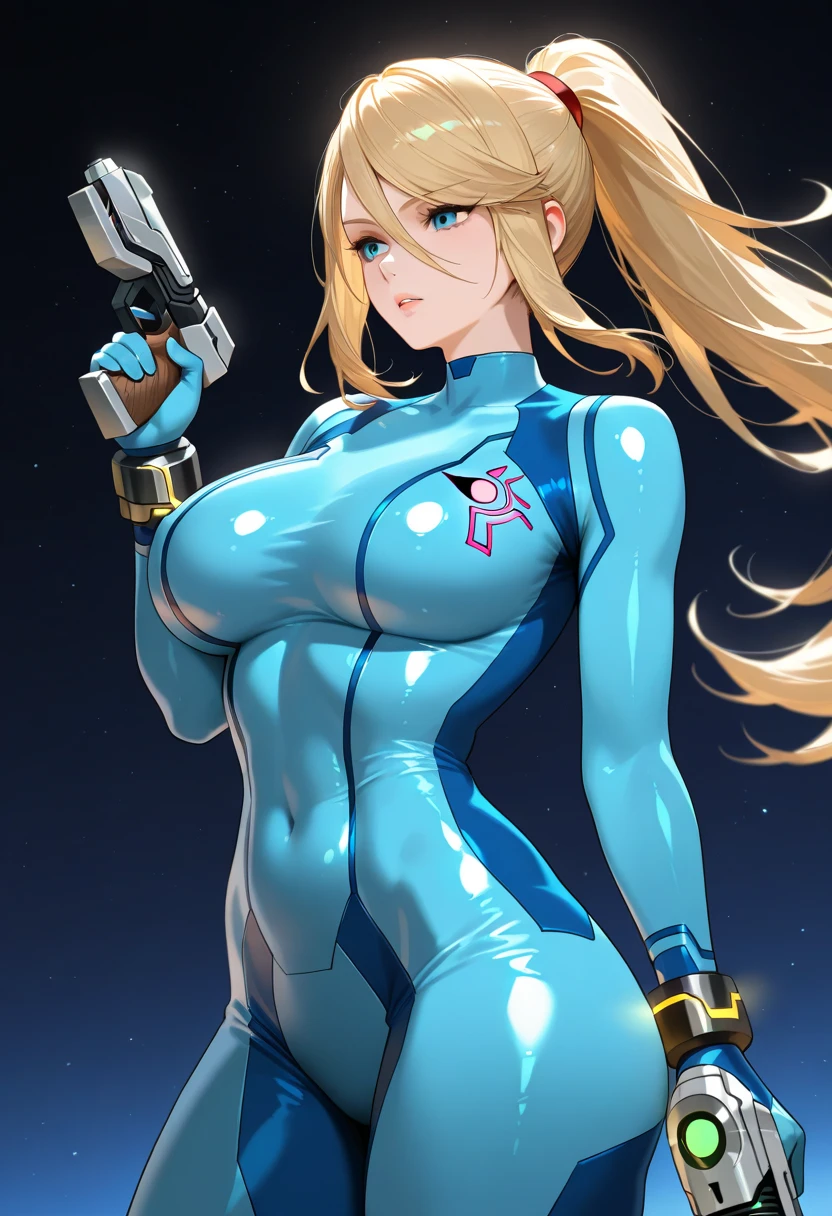masterpiece, best quality, 1girl, anime style, (realistic:0.2) defsamus, blonde hair, bodysuit, blue clothes, upper body, looking at viewer, outer space, hand up, holding, handgun, gigantic breasts, wide hips