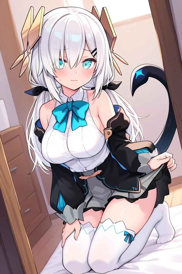 Pee。Pee,hyper HD,Highest high resolution。white shirt,short skirt,Squat。black lence stockings,huge tit,exposing her chest,White color hair,。The chest is tied with a rope,high-heels,fox tails,cat ear,The box is tightly tied with a string。Stick out her tongue。The mouth is wide open。