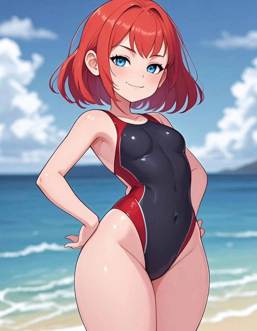 1girl, red hair, medium hair, short hair, flower, flower orbament, ornament, hair ornament, green eyes, one-piece swimsuit, competition swimsuit, large breasts, wide hips, thick thighs, smile, breasts supress, ((breast suppress)), hands on breasts