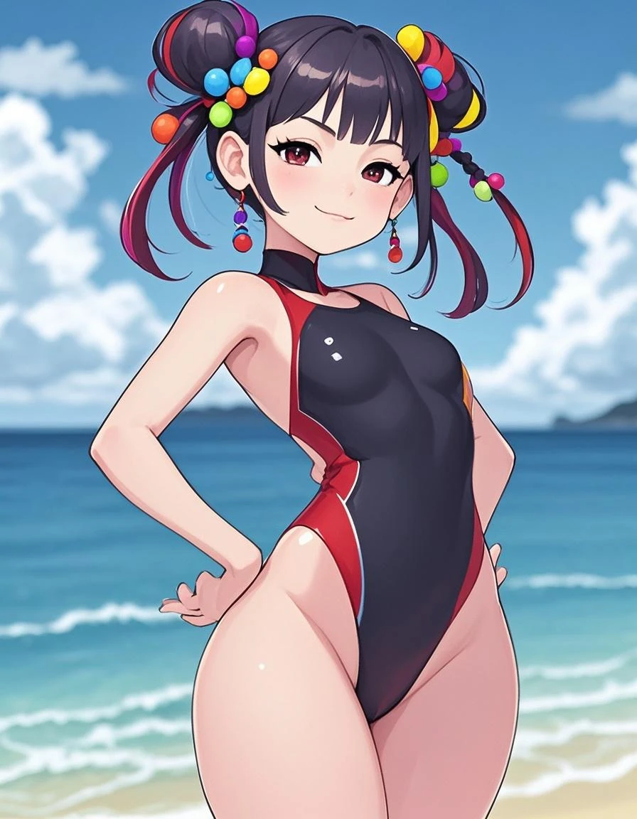 NSFW,hutao\(genshin\),(Sexy Swimwear:1.8),(Perfect hands),(Perfect ???????),(masterpiece),(highest quality),(Embarrassed:1.5),blush,Feeling embarrassed,Lift your butt,Leg spread,Sandy Beach,Palm tree,Rock Shade,One man,Man standing behind