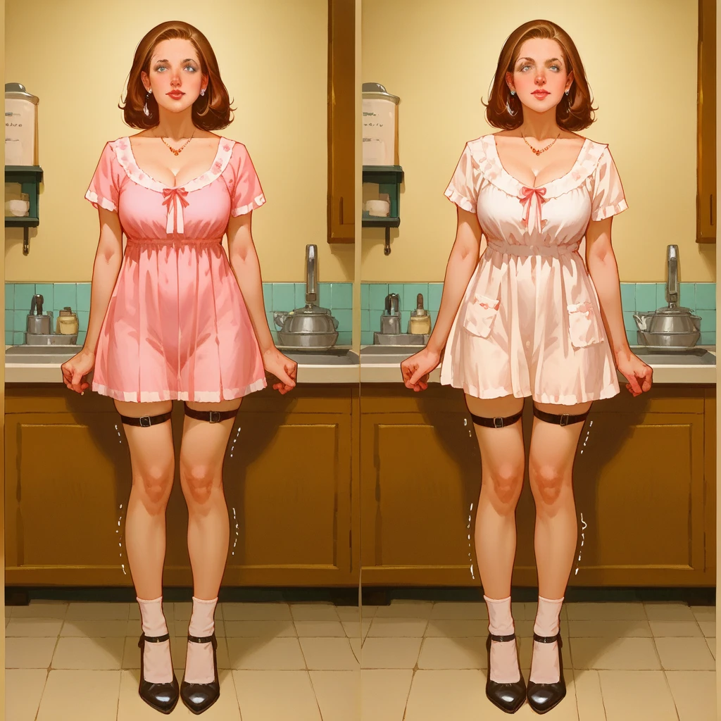 2 heads,Photo of a 50-year-old woman with brown hair, a captivating gaze, Brown eyes, Wrinkles on her face, Black pantyhose,Black High Heel Boots,She wears very sexy lingerie underwear、、Revealing her large sagging breasts, Light makeup and red lips. 32K