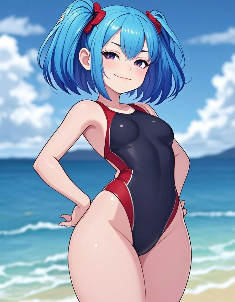 ((best quality)),((highly detailed)),masterpiece, detailed face,beautiful face,(detailed eyes, deep eyes),1girl, Rebecca, yellow eyes, solo, colored sclera, red sclera, green hair, twintails, pig tails, underwear, colored skin, bra, black hairband, hairband, tattoo, white skin, medium breasts, nice breasts, black bra, artificial eye, open mouth, headgear, mechanical eye, neck tattoo, leg tattoo, long hair, , cyborg, cowboy shot, :d, medium hair, short hair, seductive smile, nice ass, nice breasts, large breasts, cute face, sexy girl, hot, naked, fully naked, nude, in frame, at beach, ocean background, bigger breasts, perfect breasts, slim waist, rear view, big ass, cheeky, looking back, thong panties,