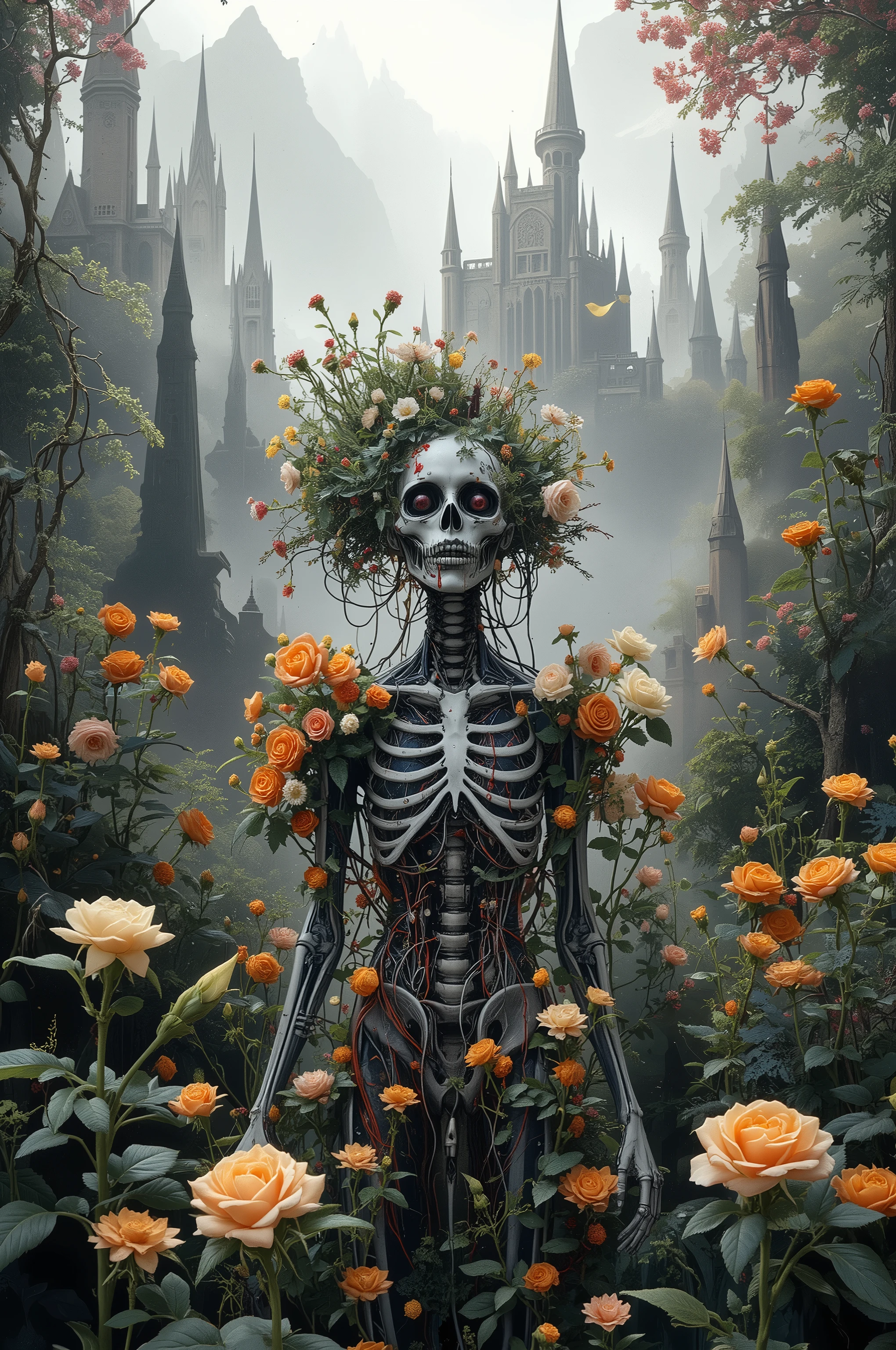 (there are many strange looking creatures in the forest, strange alien forest, complex cybernetic beings, humanoids overgrown with flowers, lots of weird alien plants, alien forest in background, epic fantasy sci fi illustration, alien forest, symmetrical epic fantasy art, inside an alien jungle, alien flora and fauna, an alien jungle, alien plants, alien jungle foresta close up of two skeletons with glowing heads and arms, biomechanical xray, xray hd, xray, cybernetic neck implant, x-ray photography, titanium skeleton, xray art, x-ray, x - ray, x ray, ( ( ( skeleton ) ) ), medical image, neck zoomed in, x - ray black and whitethere is a woman with a strange head and a body made of flowers, 4k highly detailed digital art, humanoids overgrown with flowers, humanoid flora, 4 k highly detailed art, 4k detailed digital art, mechanical vegetal cyborg, detailed painting 4 k, detailed fantasy digital art, detailed fantasy art, highly detailed fantasy art, psychedelic organic cyborgA fantastical figure emerges amidst a lush garden, her form evocative of a fusion between nature and machine. The subject stands tall, her body intricately adorned with vibrant floral and mechanical components. Her large, exaggerated eyes protrude from a skeletal face, a blend of humanoid and alien features. Her head is crowned by a chaotic mix of cables, petals, and roots, teeming with organic and artificial life. The torso, partially visible, reveals an intricate network of tubes and wires interwoven with blossoming flowers.
Surrounding her, the garden thrives with roses in varying shades of peach and orange. The background features towering castle-like spires partially shrouded in mist, accentuating the surreal, dreamlike atmosphere. The scene evokes a sense of wonder and unease, as if exploring a fantasy world where organic and synthetic life coexist in colorful harmony. Light filters softly through the scene, enhancing the mystical and ethereal mood.A fantastical figure emerges amidst a lush garden, her form evocative of a fusion between nature and machine. The subject stands tall, her body intricately adorned with vibrant floral and mechanical components. Her large, exaggerated eyes protrude from a skeletal face, a blend of humanoid and alien features. Her head is crowned by a chaotic mix of cables, petals, and roots, teeming with organic and artificial life. The torso, partially visible, reveals an intricate network of tubes and wires interwoven with blossoming flowers.
Surrounding her, the garden thrives with roses in varying shades of peach and orange. The background features towering castle-like spires partially shrouded in mist, accentuating the surreal, dreamlike atmosphere. The scene evokes a sense of wonder and unease, as if exploring a fantasy world where organic and synthetic life coexist in colorful harmony. Light filters softly through the scene, enhancing the mystical and ethereal mood.A fantastical figure emerges amidst a lush garden, her form evocative of a fusion between nature and machine. The subject stands tall, her body intricately adorned with vibrant floral and mechanical components. Her large, exaggerated eyes protrude from a skeletal face, a blend of humanoid and alien features. Her head is crowned by a chaotic mix of cables, petals, and roots, teeming with organic and artificial life. The torso, partially visible, reveals an intricate network of tubes and wires interwoven with blossoming flowers.
Surrounding her, the garden thrives with roses in varying shades of peach and orange. The background features towering castle-like spires partially shrouded in mist, accentuating the surreal, dreamlike atmosphere. The scene evokes a sense of wonder and unease, as if exploring a fantasy world where organic and synthetic life coexist in colorful harmony. Light filters softly through the scene, enhancing the mystical and ethereal mood.A fantastical figure emerges amidst a lush garden, her form evocative of a fusion between nature and machine. The subject stands tall, her body intricately adorned with vibrant floral and mechanical components. Her large, exaggerated eyes protrude from a skeletal face, a blend of humanoid and alien features. Her head is crowned by a chaotic mix of cables, petals, and roots, teeming with organic and artificial life. The torso, partially visible, reveals an intricate network of tubes and wires interwoven with blossoming flowers.
Surrounding her, the garden thrives with roses in varying shades of peach and orange. The background features towering castle-like spires partially shrouded in mist, accentuating the surreal, dreamlike atmosphere. The scene evokes a sense of wonder and unease, as if exploring a fantasy world where organic and synthetic life coexist in colorful harmony. Light filters softly through the scene, enhancing the mystical and ethereal mood.best quality,4k,8k,highres,masterpiece:1.2), ultra-detailed,gothic beauty, nightmarish imagery,(ClaymationDreamstation),complicated surreal scene,organic growth,twisted dark fantasy,disturbing visuals,abstract biomechanical structures,intricate details,muted color palette,dramatic lighting,visceral textures,unsettling atmosphere,eldritch horror,nightmarish imagery,otherworldly landscape,mutation and transformation,organic machinery,unnatural forms,surrealistically grotesque,beautifully horrific,distorted reality,dark and twisted,grotesque beauty quality,4k,8k,highres,masterpiece:1.2),ultra-detailed,(realistic,photorealistic,photo-realistic:1.37),complicated surreal scene,organic growth,twisted dark fantasy,disturbing visuals,abstract biomechanical ĺdramatic lighting,visceral textures,unsettling atmosphere,eldritch horror,nightmarish imagery,otherworldly landscape,mutation and transformation,organic machinery,unnatural forms,surrealistically grotesque,beautifully horrific,distorted reality,dark and twisted,grotesque beauty(bestquality,4k,8k,highres,masterpiece:1.2), Ultra-detailed,(realistic,photorealistic,photo-realistic:1.37),complicated surreal scene,organic growth,lush verdant (best quality,4k,8k,highres,masterpiece:1.2),ultra-detailed,(Claymation Dreamstation),complicated surreal scene,organic growth,twisted dark fantasy,disturbing visuals,abstract biomechanical structures,intricate details,dramatic lighting,visceral textures,unsettling atmosphere,eldritch horror,nightmarish imagery,otherworldly landscape,mutation and transformation,organic machinery,unnatural forms,surrealistically grotesque,beautifully horrific,distorted reality,dark fantasy art,,ethereal light rays,otherworldly atmosphere,dreamlike landscape,vibrant colors,seamless blending,masterful composition(best quality,4k,8k,highres,masterpiece:1.2),ultra-detailed,(realistic,photorealistic,photo-realistic:1.37),complicated surreal scene,organic growth,twisted dark fantasy,disturbing visuals,abstract biomechanical structures,intricate details,,dramatic lighting,visceral textures,unsettling atmosphere,eldritch horror,nightmarish imagery,otherworldly landscape,mutation and transformation,organic machinery,unnatural forms,surrealistically grotesque,beautifully horrific,distorted reality,dark and twisted,grotesque beautya close up of two skeletons with glowing heads and arms, biomechanical xray, xray hd, xray, cybernetic neck implant, x-ray photography, titanium skeleton, xray art, x-ray, x - ray, x ray, ( ( ( skeleton ) ) ), medical image, neck zoomed in, x - ray black and white