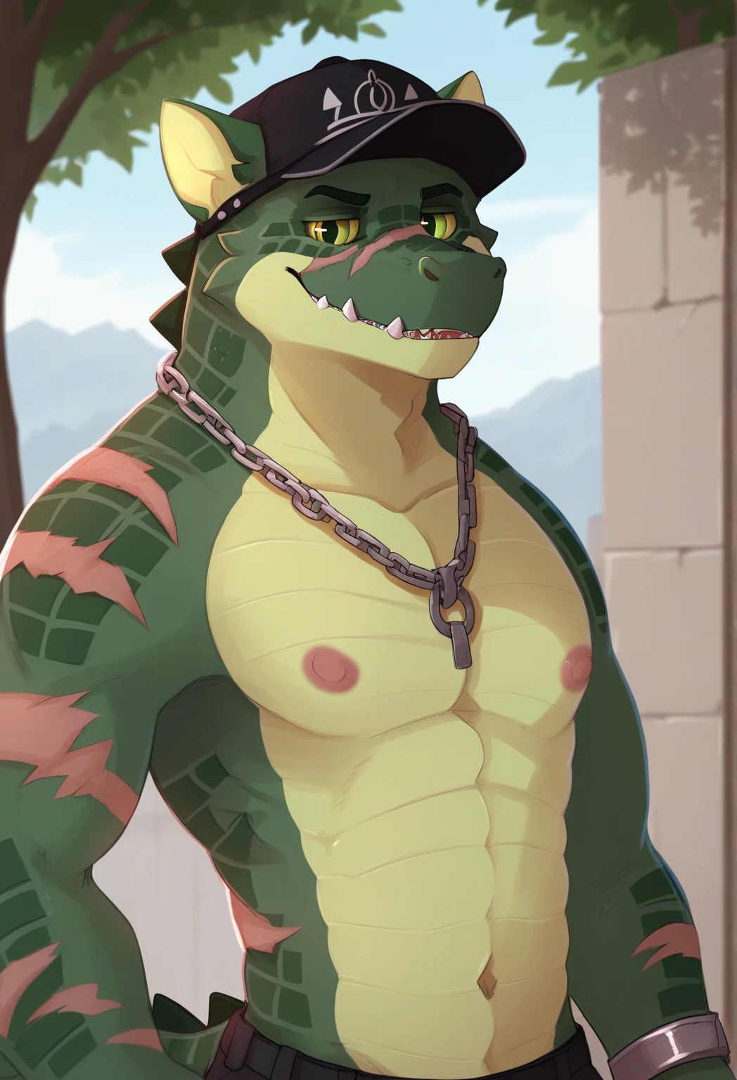 (masterpiece, best quality, hi res, extreme detail, detailed background:1.4), impasto, masterpieces, official art, anthro, lime green body, dragon, horn, tail, male, standing, muscle, strong, mane, nude, penis, big penis, testicles, detailed eyes, upper body, (bust portrait), noon, bazaar, masses, Medieval town, light particles, yupa, nipples, sexy, ((by Canyne Khai))