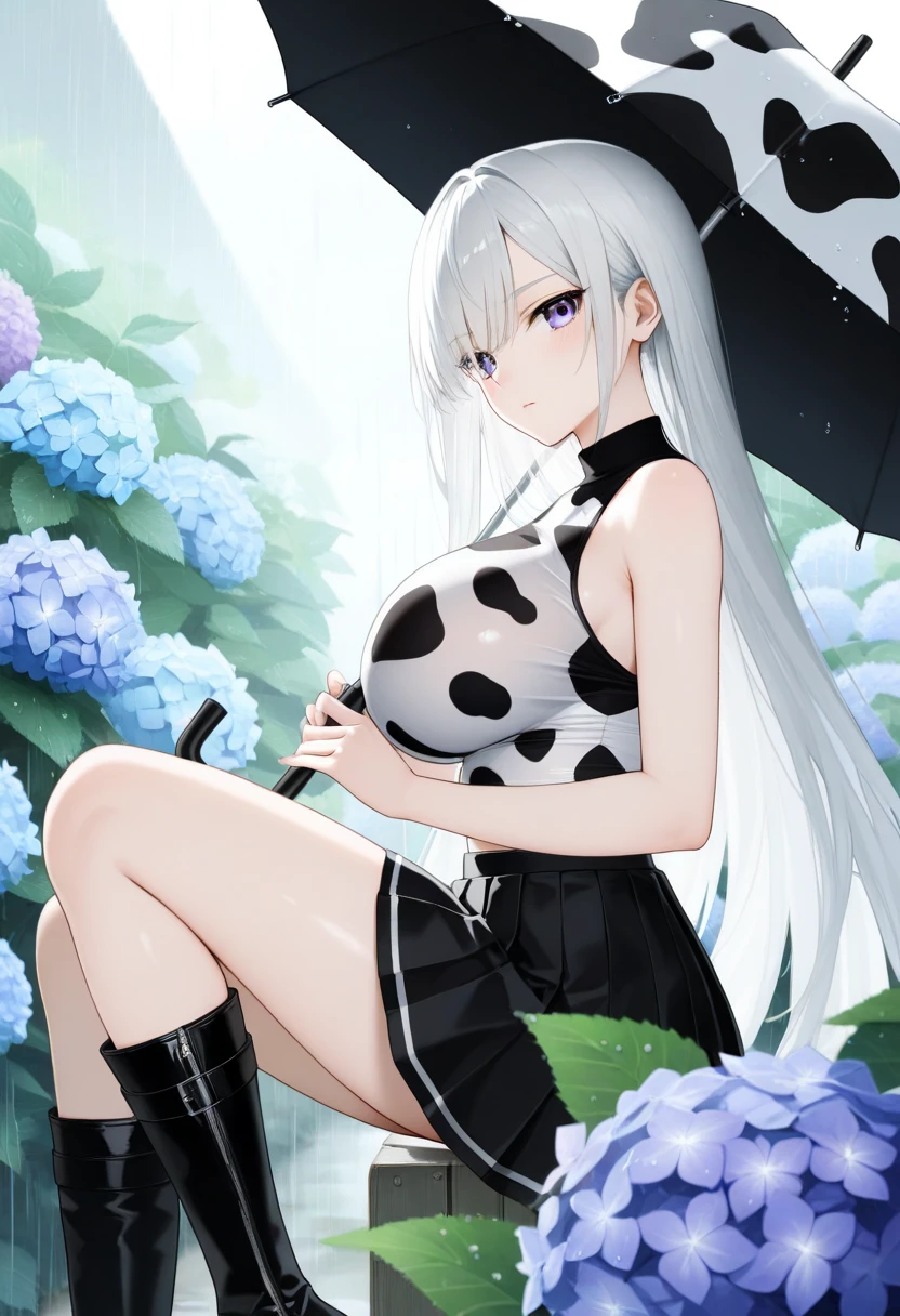 (best quality:1.3), (4k quality), 1 mature woman, rem by re:zero, curvy body, ((Detailed face)), (blush), ((cow dress)), (pool)