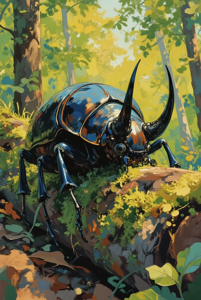 close-up view of a large, majestic rhinoceros beetle (kabutomushi), acrylic painting style, highly detailed carapace with deep metallic black and brown tones, thick and expressive brushstrokes, bold texture on the shell and horns, resting on a mossy log or tree branch, blurred forest background in vibrant greens and earthy hues, subtle light reflections on the beetle’s shell, natural composition, painterly and organic mood, masterpiece, best quality, trending on ArtStation