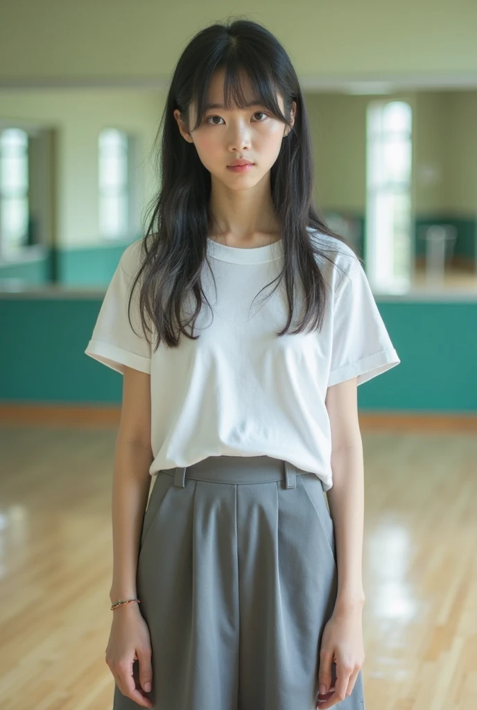15 year old japanese , long black hair short skirt, oversize loose Spaghetti top, slim,tiny