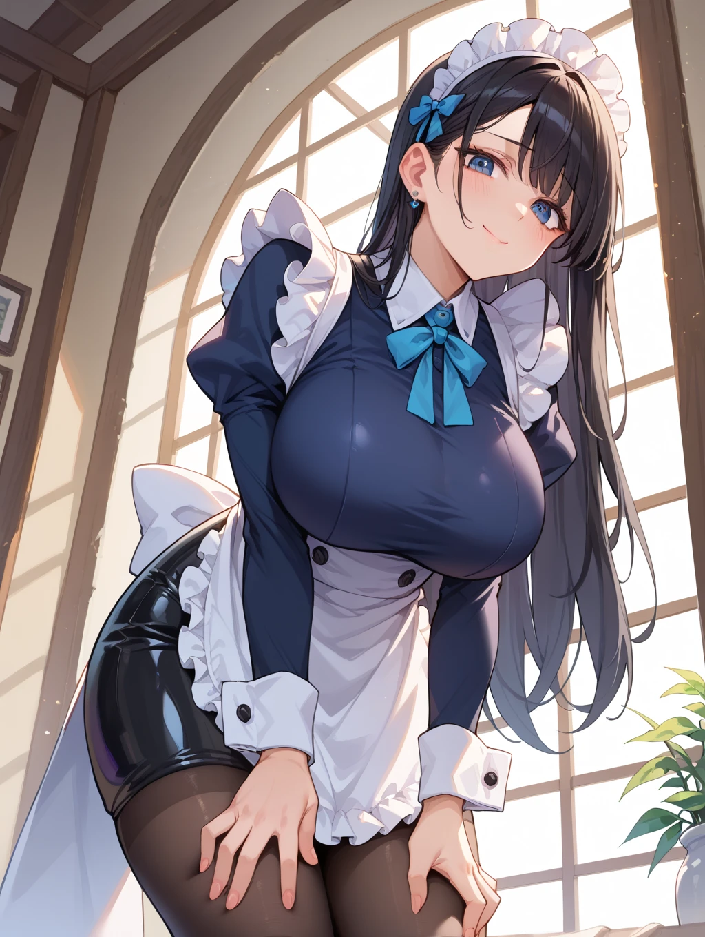 Black Hair、Young face、Clear and beautiful eyes、Light brown eyes、Smooth shoulder-length hair、Big Breasts、smile、Detailed skin、Maid clothes、crystal flower、low length