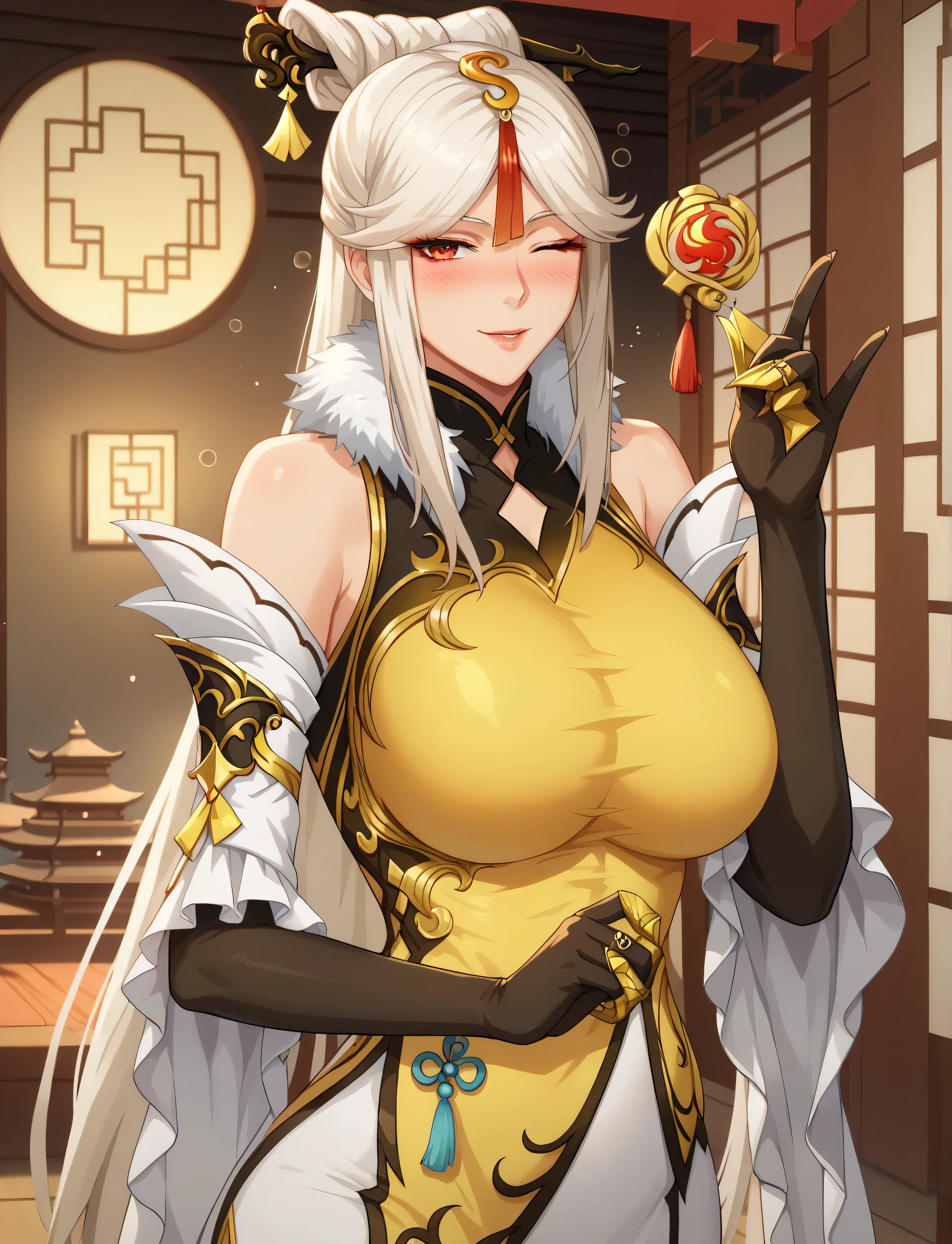 masterpiece, best quality, anime screenscap, ningguang, long hair, white hair, hair ornament, parted bangs, sidelocks, red eyes, ((mature female, sexy body, large breasts)), hair stick, hairpin, tassel, black gloves, china dress, elbow gloves, bare shoulders, claw ring, white dress, detached sleeves, fur collar, yellow dress, lighting, perfect fingers, perfect body, beautiful, wink, blush, drunk, temple, jade chamber,