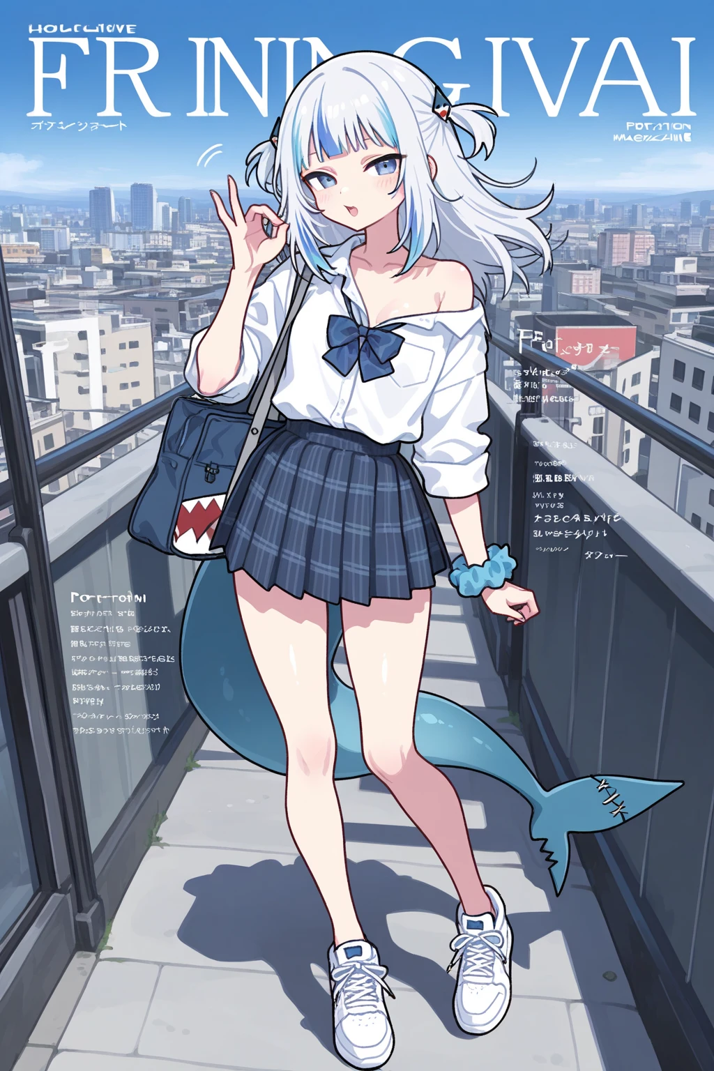 1girl,solo, smile, perfect face, urban area , modern building , sunglasses, juice box, vast blue sky, clouds, long hair, multicolored hair, <lora:tokonone-17:1>