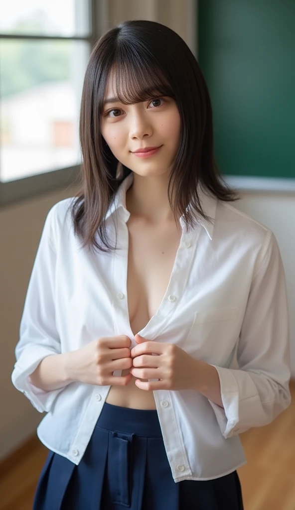 (Surreal Realism), (Awareness-raising), (High resolution), (8k), (Very detailed), (The best Awareness-raisingns), (Beautiful fine details), (highest quality), (Super detailed), (masterpiece), (wallpaper), (Detailed face), (Beautiful smile)、(Beautiful expression)、Side bangs、solo、((Baby Face))、(((topless)))、 (((small chest))), (((small tits))), (((flat breast)))、((upper body))(Black knee-high socks:1.2)、Slender body、Seductive Pose:1.4、Looking into the camera、School classroom