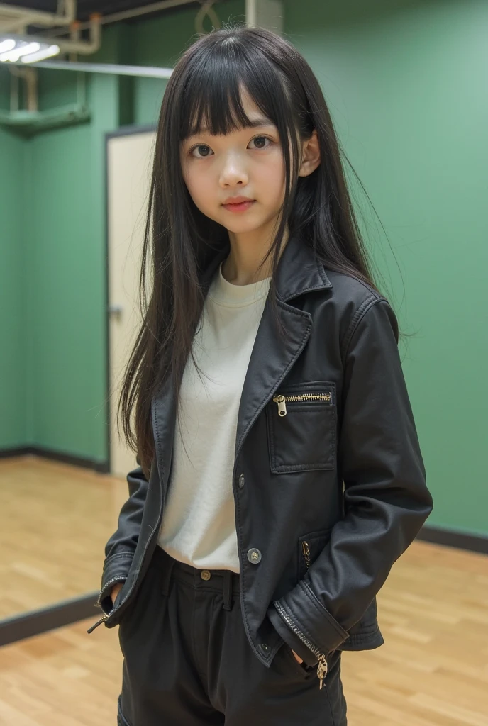 (16 year little girl),china Beautiful face,Black hair and black eyes,Modern fashion,Genuine leather jacket, leather short skirt,High quality real photos, sharp details, sharp focus