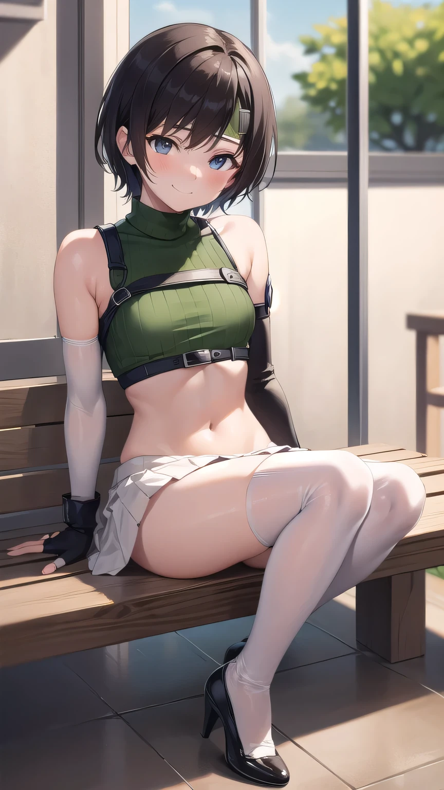 extremely detailed, girl and man, 
(Ellen 18-years-old, short dark layered hair, Brown-eyed, small breast:1.0), hair clips 
Fantasy green rogue outfit, half undressed, spread legs, sitting, embarrassed, groin 