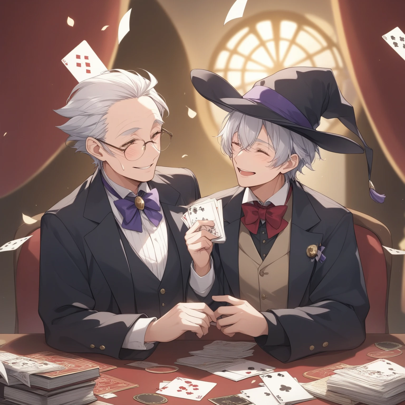 High-quality,masterpiece,indoor lighting,luxurious,two people sitting on the sofa,gambling table chips,playing cards,men with short golden hair sitting on the sofa with champagne,purple eyes,one foot leaning on the table,young men in white fur collar,black suit,young girl with short white hair,black hat,lovely face,red eyes,the left hand holding the red rope tied around the neck of the blonde male,the right hand holding playing cards,sitting on the sofa with his legs tilted,the red sofa,the green plants behind the sofa,