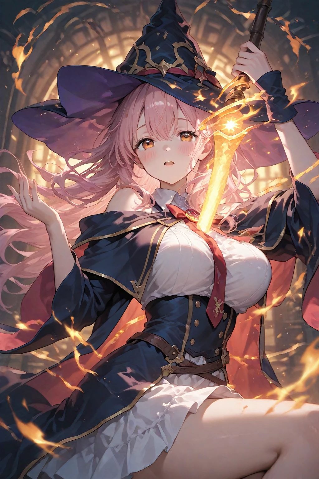 Best Quality, Masterpiece, High Resolution, 1girl, Pink Very Long Hair, Brown Wizard Hat, Dark Red Eyes, Pink Scarf, Black Chains, Medium Breasts, Dark Chamber of Secrets, Long Brown Wizard Robe, Holding Ebony Staff Set with Gems, Black Over-the-Knee Boots, Exposed Thighs