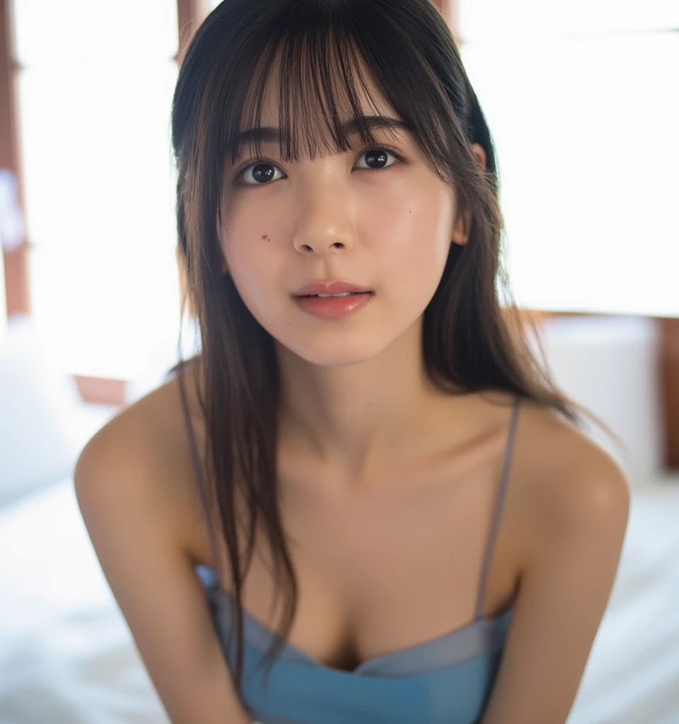 ((((detailed explanation)))),(((masterpiece、Highest quality、Very detailed:1.42、Focus on the eyes)))、Female in her late teens、Portraiture、Blurred cityscape at dusk、Silhouette of buildings and street lights Long dark brown hair、natural wavy curls、The wind is blowing softly、Hair hanging down the sides of the face、Skin is smooth、Healthy olive color、The tan lines are faintly visible、Natural redness on the cheeks、I have a few small laugh lines on my forehead...、Eyes with dark brown irises、The pupil is shining, Reflect light、Long curled eyelashes、Accentuate the eyes、Eyebrows are thin and trimmed、Natural Arch、Small Nose、straight、straight nose、lips are plump、soft pink lip gloss、Ultra-thin camisole、Barefoot and bare legs、A simple silver bracelet on her right wrist、A small diamond earring sparkles in her left ear.....、The expression is calm、Be confident、smile、(((Emphasize the contrast between light and shadow)))、Realistic textures and facial details