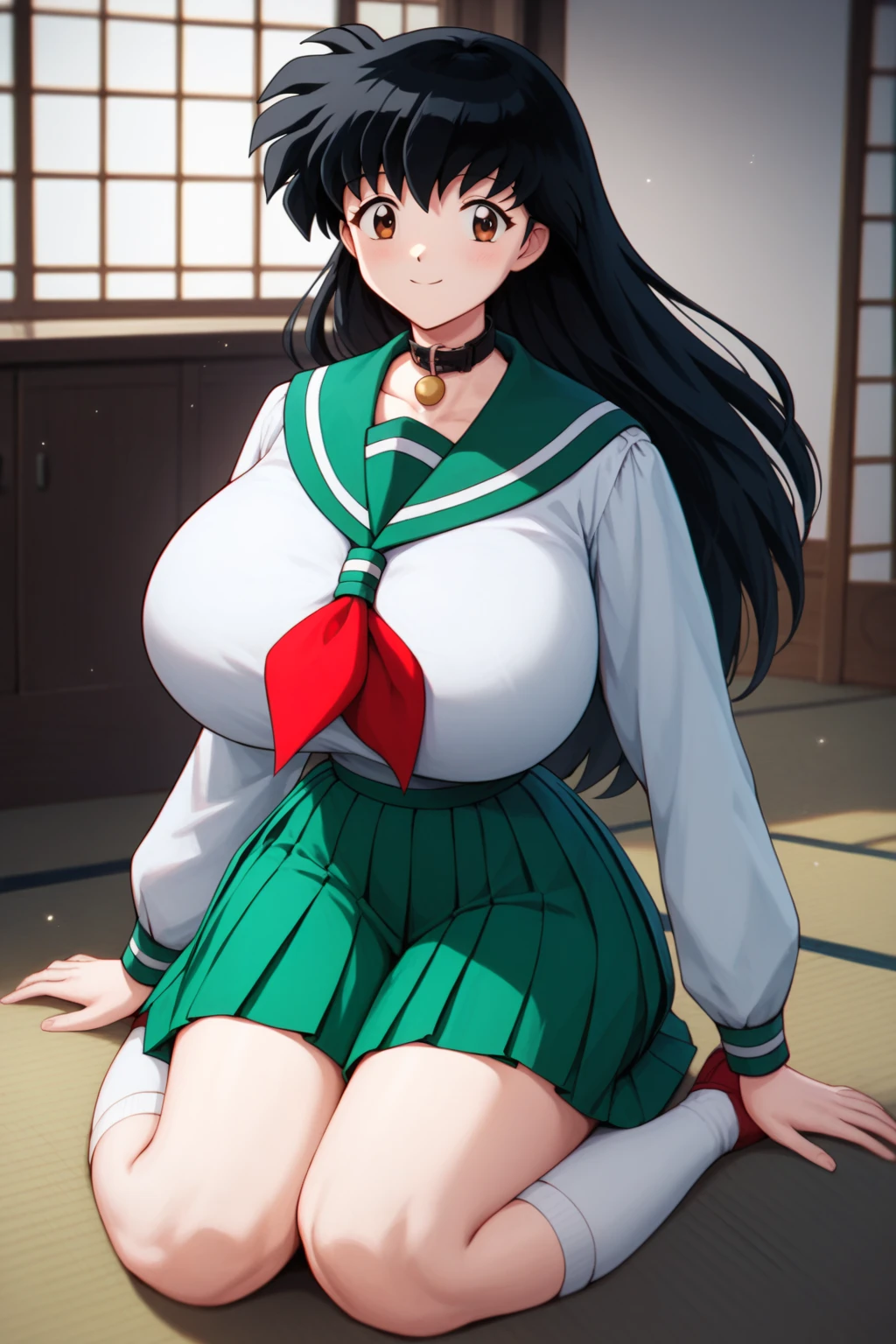 1990s anime cels style, 1990s manga style, best quality, high resolution, official art, 1girl, (huge breasts:1.2), partially visible vulva, school uniform, skirt, school, blush, embarrassed, looking down, closed mouth, hanekawa tsubasa, long hair, black hair, hair ornament, (purple eyes:1.1), braid, hairclip, twin braids, glasses, white panties, (from below:1.6)