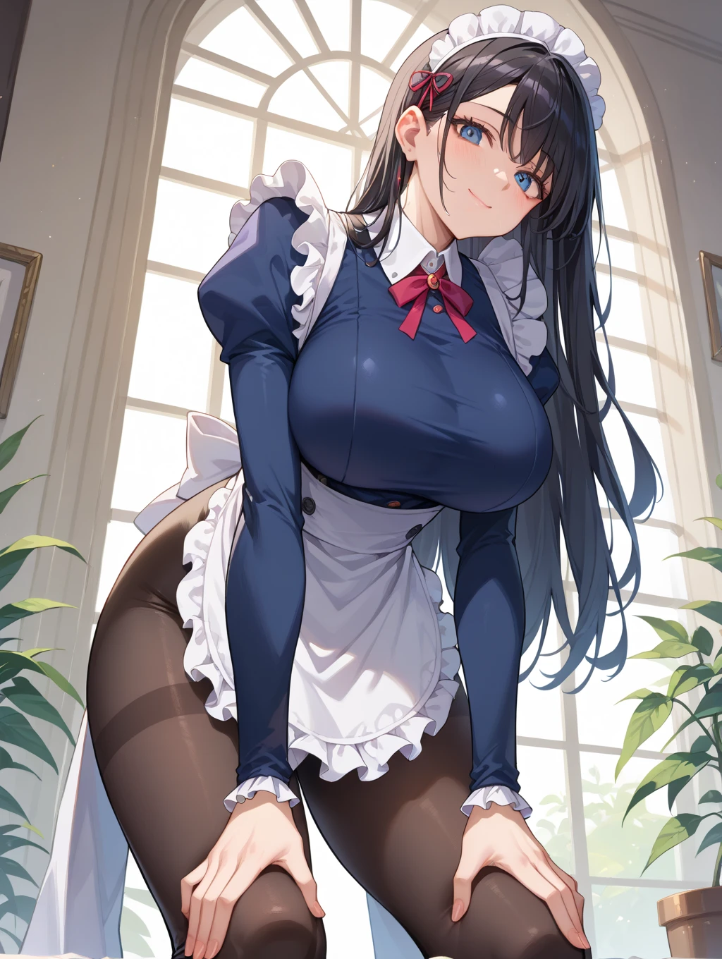 <lora:Tsukishima_Kyouko_lora:0.6>, blue_hair, long_hair, purple_eyes, (huge breasts), (glowing_eyes:0.7),
(masterpiece:1.2), best quality, game cg,highly_detailed,extremely_detailed_CG_unity_8k_wallpaper,illustration,highres,absurdres,
(1girl), (full_body:1.6), (mature female:1.3), milf, (maid:1.2),
Beautiful character design, perfect eyes, perfect face,
maid_headdress, wrist_cuffs, maid_apron, clothing_cutout, cleavage_cutout, apron, bow, bowtie, enmaided, waist_apron, cleavage, red_bow, white_apron, (black pantyhose:1.5), maid_dress, high_heels,
standing, closed mouth, looking at viewer,