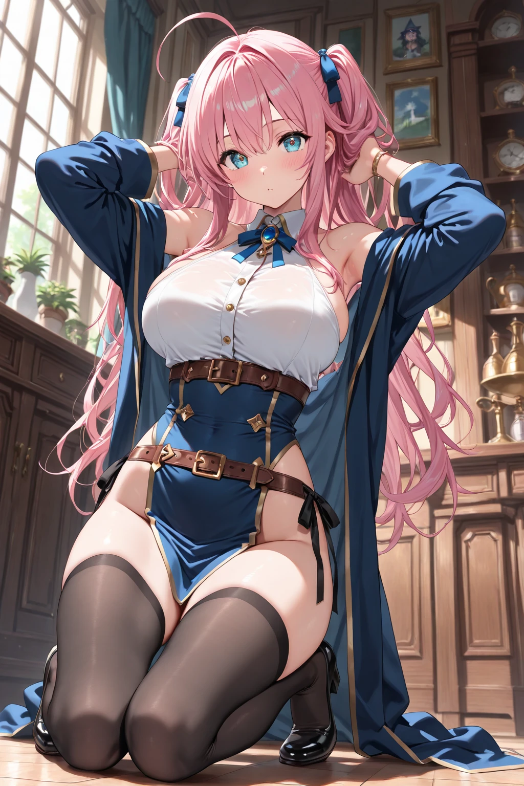 (Enrich the picture,Masterpiece level quality)Beautiful 8K CG artwork,Goddess-like posture,Kneeling exercise,Slim and soft,Translucent skin,Pink hair、The aesthetic look of extra-long hair and messy hair,The skin is fair and juicy,Big JK Uniform,Perspective Part 1.2x enhanced silhouette effect,Exquisite transparent blues pattern in pajamas,The details are intricate and exquisite,The background is slightly blurred,Charming and lustful leg seduction,Drool,Extra-large big breasts,Blush,