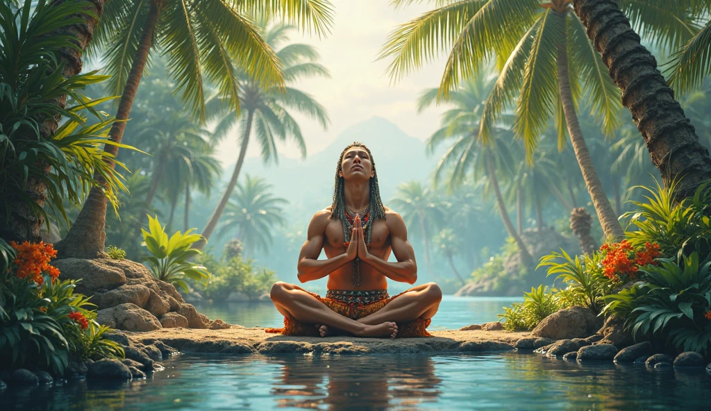Close up of a barechested God of water next to a high waterfall, he in surrounded by water whips, dynamic, glenn, river running between rock walls, tropical vegetation with luxurious colourful flowers, vines, hanging plants, illuminated by natural sunlight,highly detailed, photorealistic.
