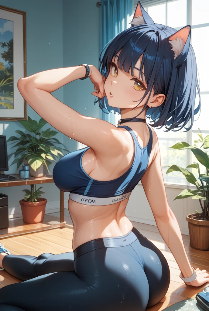 ((8k, Highest quality, masterpiece: 1.3)),Ultra-high resolution,(1 girl, alone), (Color changing eyes, Ultra-detailed, Expressive brilliance, Glitter, Glowing Eyes), Highly detailed eyes, Highly detailed face, Random Hair, ((pastel colour)),A cheerful young woman with pastel mint-green hair styled into a simple ponytail, standing by her desk in her brightly lit bedroom during a sunny morning. She is dressed in a subtly sexy fitness trainer cosplay, wearing a sports bra and tight leggings. The camera captures her from a slightly low angle as she leans forward with her hands on her knees, emphasizing her cleavage with a confident, encouraging smile. The room is filled with natural sunlight, with a yoga mat on the floor, and a healthy, active atmosphere.