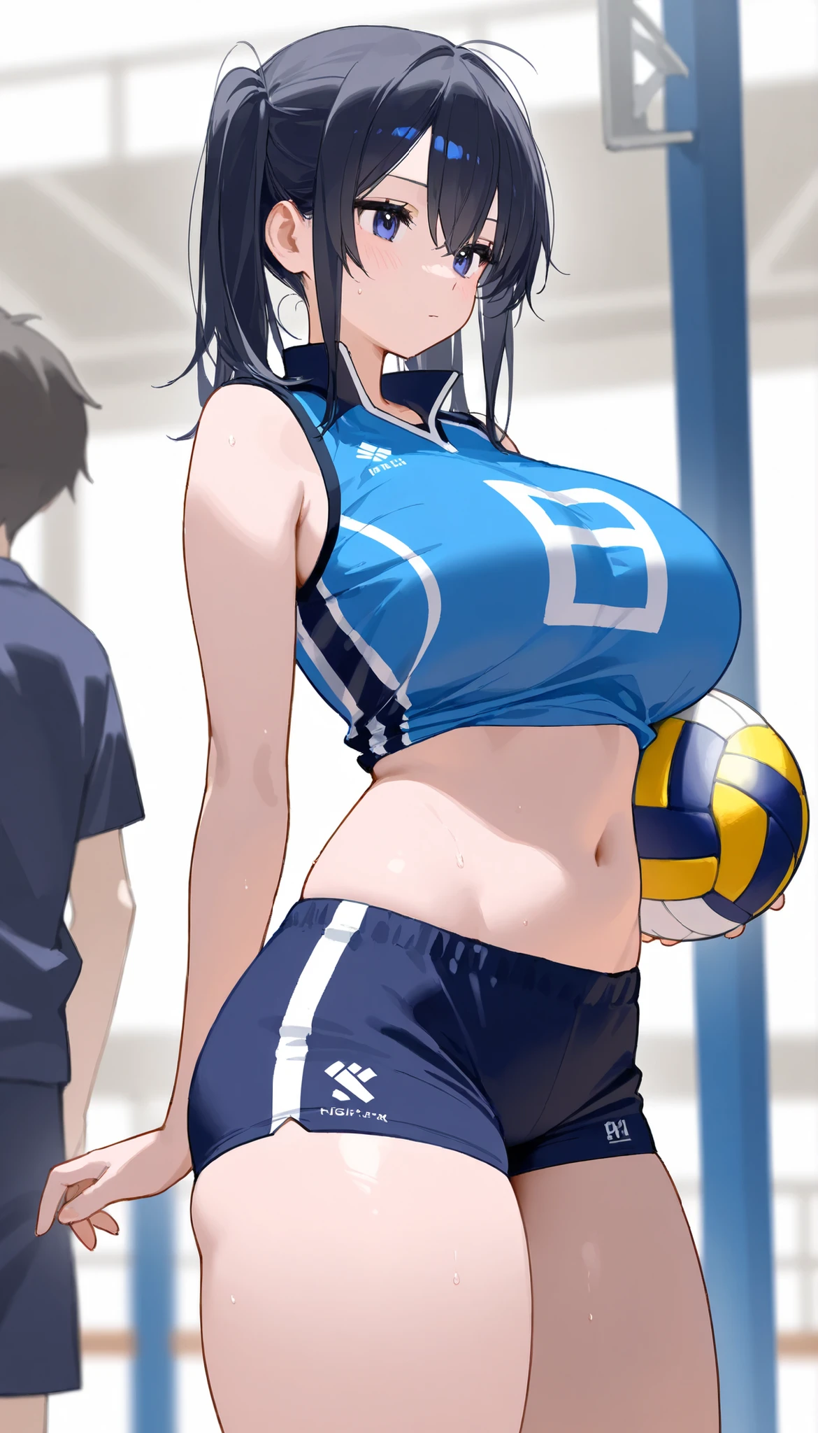 master piece, looking at viewer, 1girl, solo, long hair, blush, large breasts, :d, yellow shirt, cleavage, blue hair,low ponytail, black shorts, huge breasts, covered nipples, black shorts, bedroom, bike shorts, impossible clothes, sportswear, blue hair, blue eyes, , taut clothes, taut shirt, elbow pads, impossible shirt, volleyball uniform,
