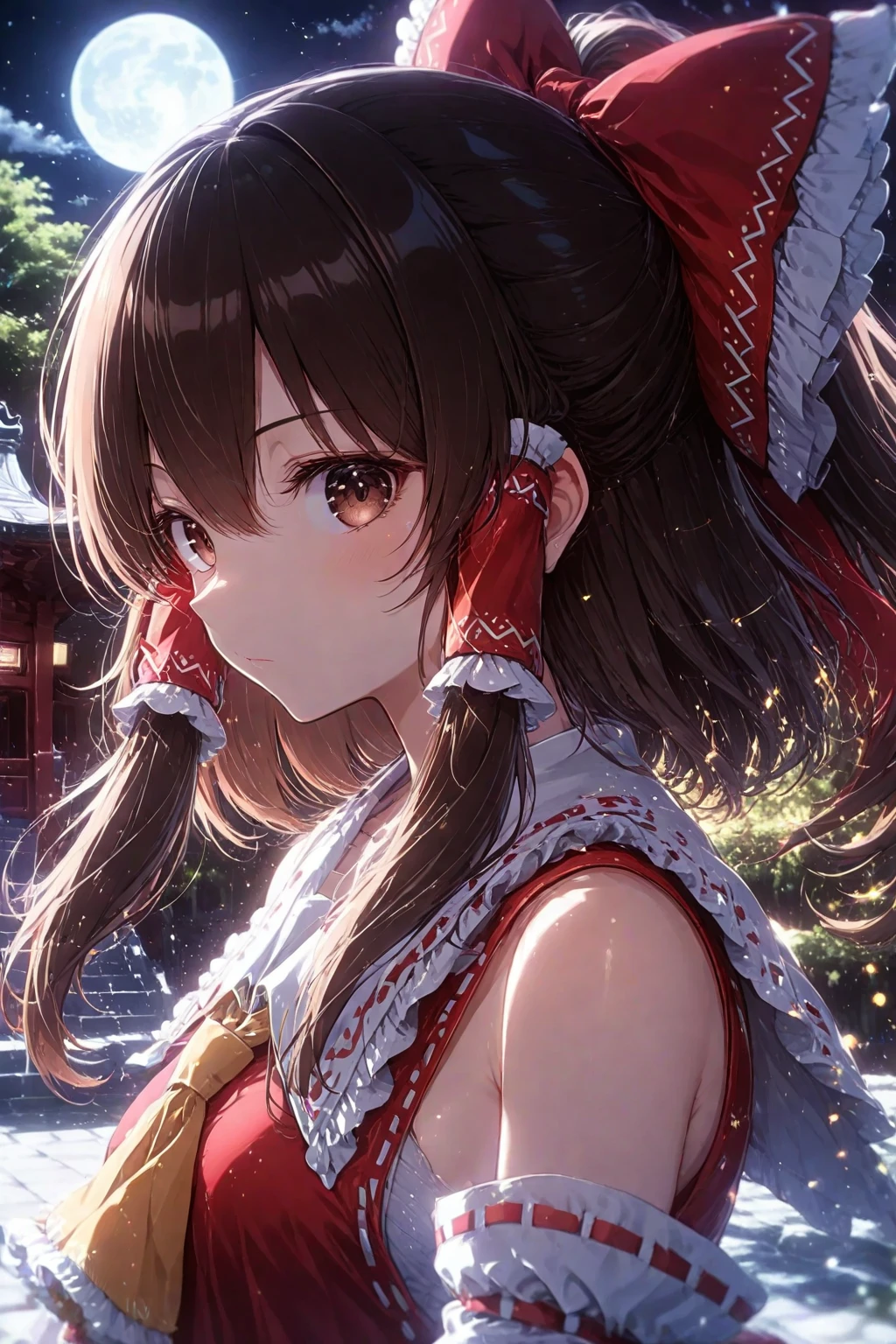detailed background, masterpiece, best quality, 1girl, hakurei reimu, brown hair, hair tubes, hair ribbon, brown eyes, nontraditional miko, a forest full of purple and white trees, fireflies, water, purple theme, white theme, mystical, magical,