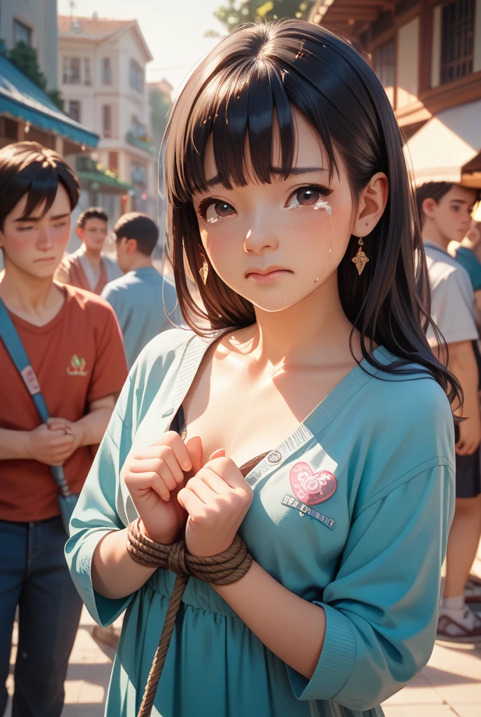 14-year-old beautiful girl surrounded by men on train、is standing,Hands on the chest,Tank tops,embarrassed from、hi-school girl,japanes