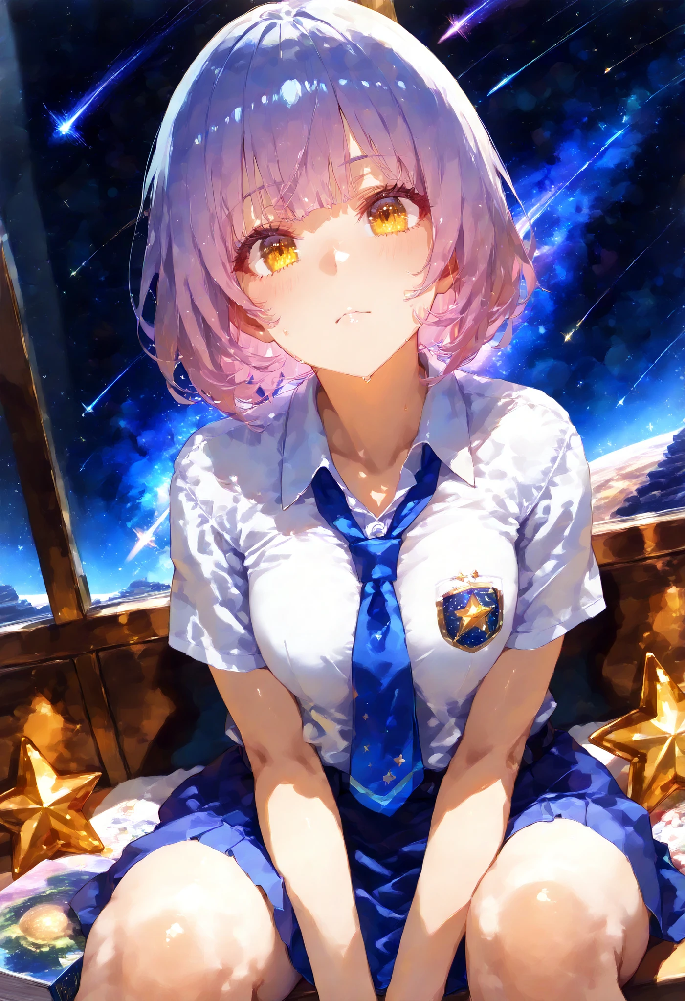 ( a single girl sitting on a star :1.4) wear a loose white shirt and blue tie with a . BREAK .In a beautiful nebula, (Lots of shooting stars), lots of beautiful planets in a beautiful nebula ,Dynamic Angle, focuses on the girl's face, watercolor picture book style , Rough Touch , space-scape ,masterpiece,best quality