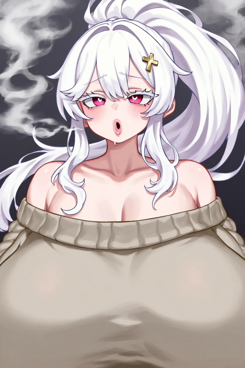 score_9, score_8_up, source_アニメ,アニメ style,Silver Hair,Yellow Eyes,blunt bangs,ponytail,tall,cool eye,very big breasts,((1girl)),shiny skin,front open,Pussy juice,Long Breasts,Massive bukkake,Expressionless,Facial,Heavy breathing,Taunt,Amazon outfit,bbc